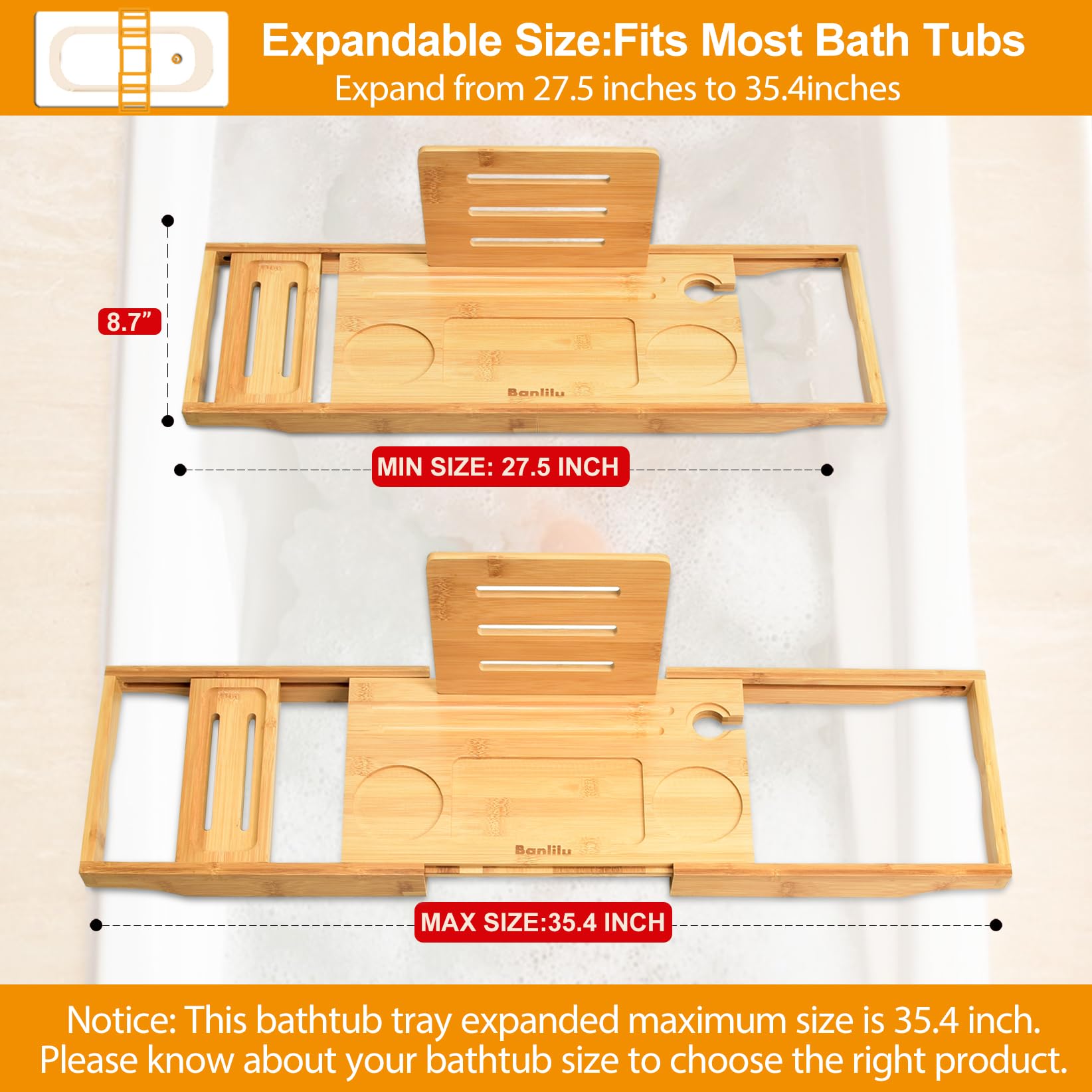 Luxury Bathtub Caddy Tray - Bath Tray Expandable - Bath Tub Tray Table For Bathtub - Bath Caddy Tray For Bathtub, Ajustable Size