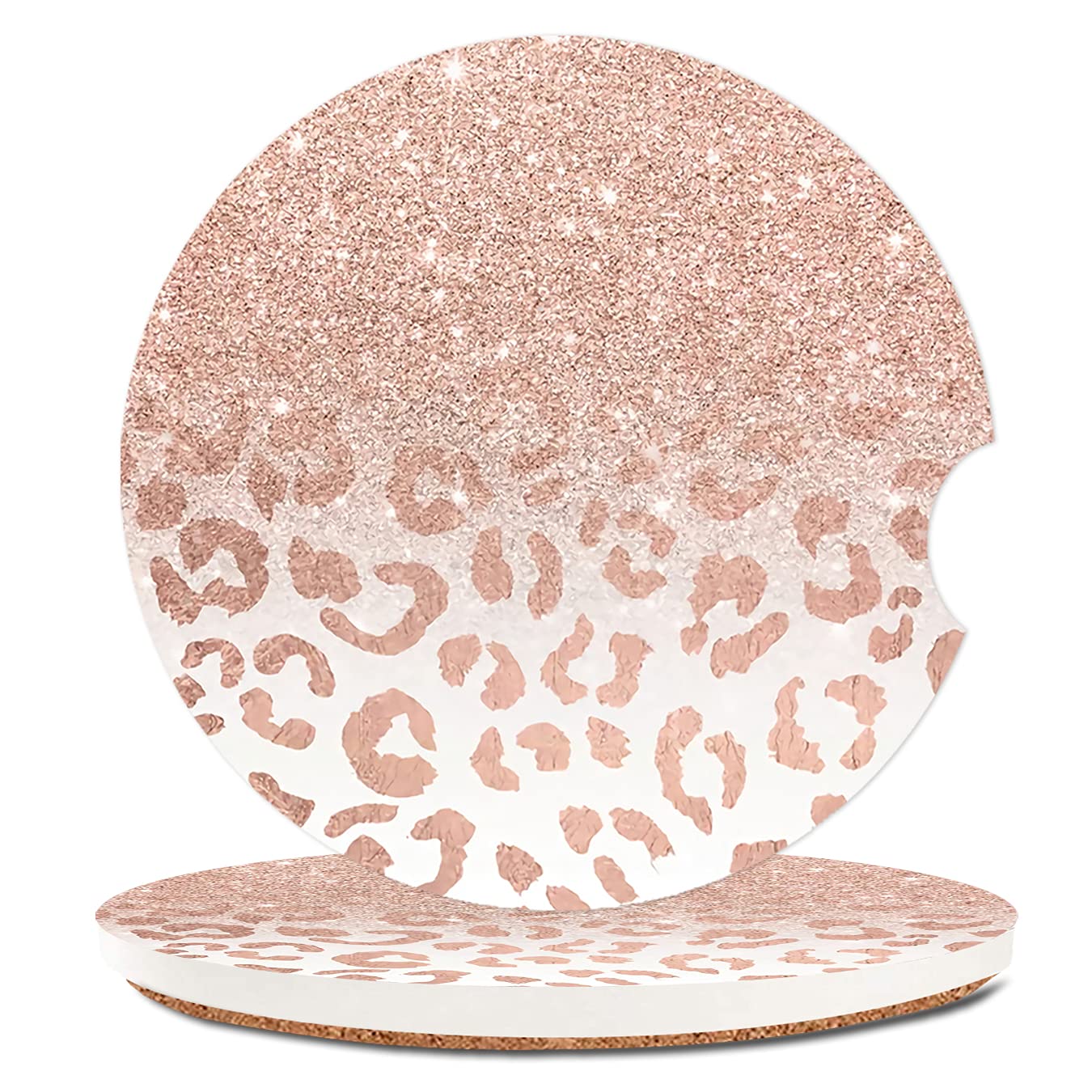 Trendy Rose Gold Glitter Leopard Absorbent Cup Holders Car Coasters,Ceramic Stone Drinks Coaster Set For Women Man 2.56''(2 Pack
