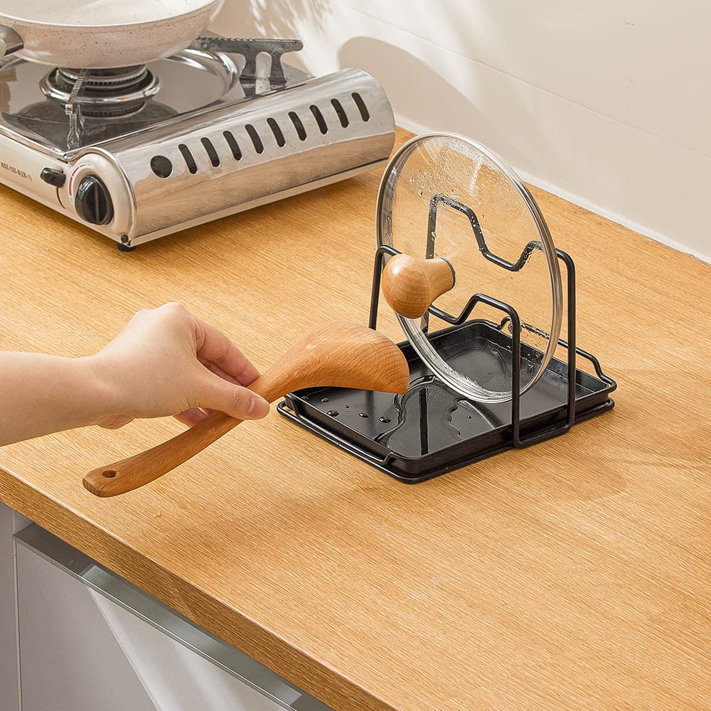 Sunfcon Pot Pan Lids Holder Cutting Board Rack Chopping Board Organizer Stand Spoon Rest W Drip Tray Kitchen Countertop Black
