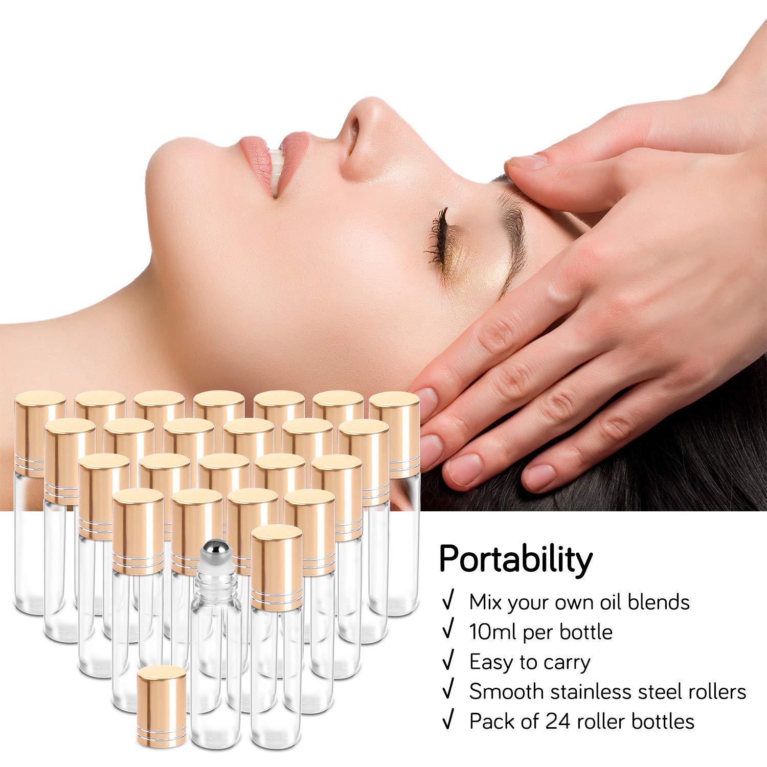 Prettycare Essential Oil Roller Bottles 10Ml (24 Pack Clear Glass Bottle With Gold Cap, 4 Extra Roller Balls,48 Labels, 2 Opener