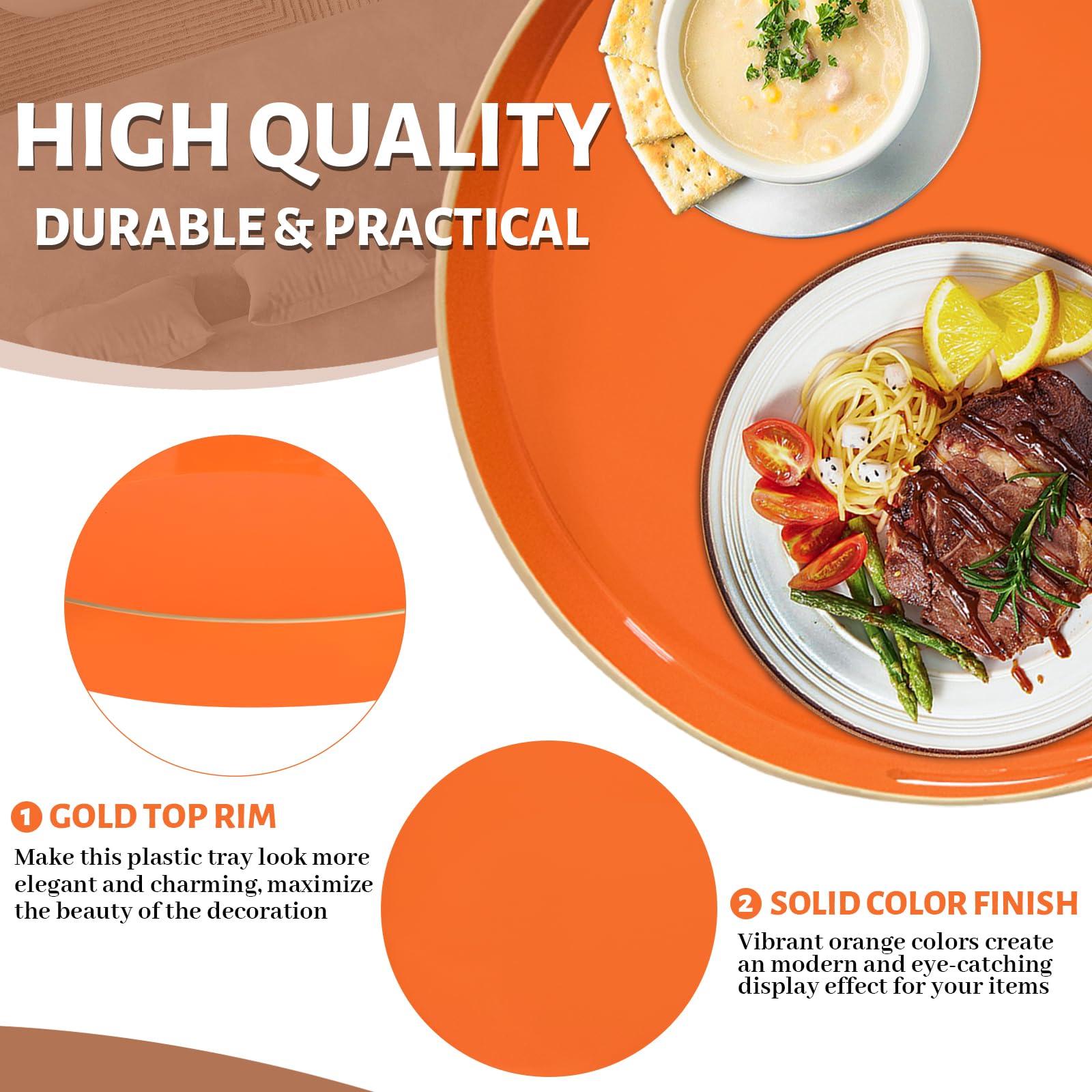 Maoname 13'' Round Tray, Orange Serving Tray With Handles, Modern Decorative Tray For Coffee Table, Plastic Ottoman Tray For Ott