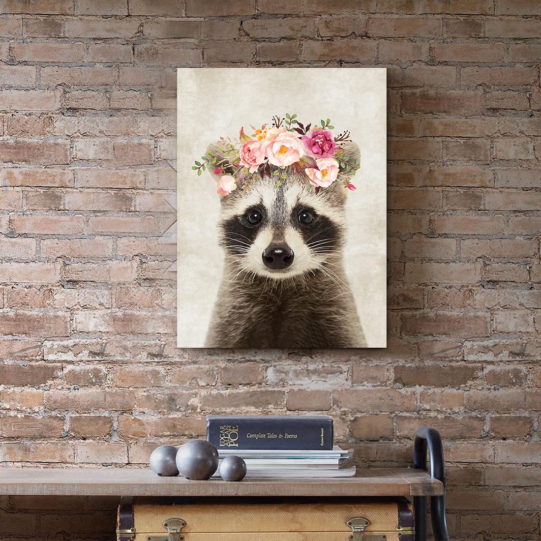 Oridomy Cute Raccoon Canvas Painting Retro Animal Portrait Wall Art Decor Funny Raccoon With Garland Picture Framed Safari Anima