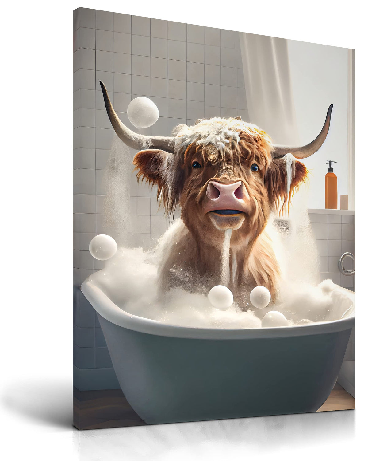 Upwoigh Bathroom Wall Art, 12X16In Highland Cow Wall Decor,Waterproof Wood Framed Canvas Wall Art, Cute Funny Animal Bathing Abs