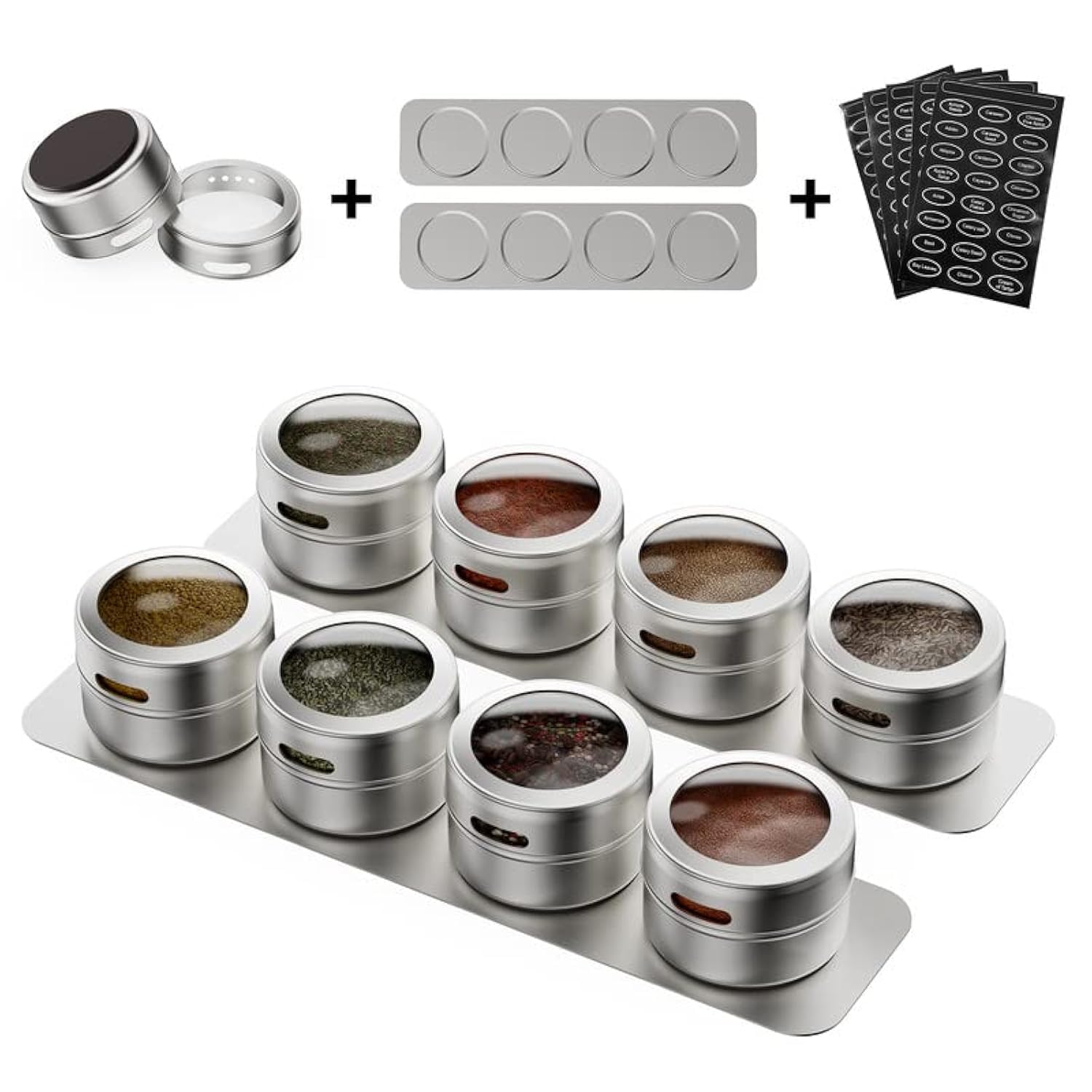 Vetacsion Set of 8 Magnetic Spice Tins with 2 Metal Wall-Plates,100 Preprinted Seasoning Label Stickers,2 Styles for 3 oz Herb J