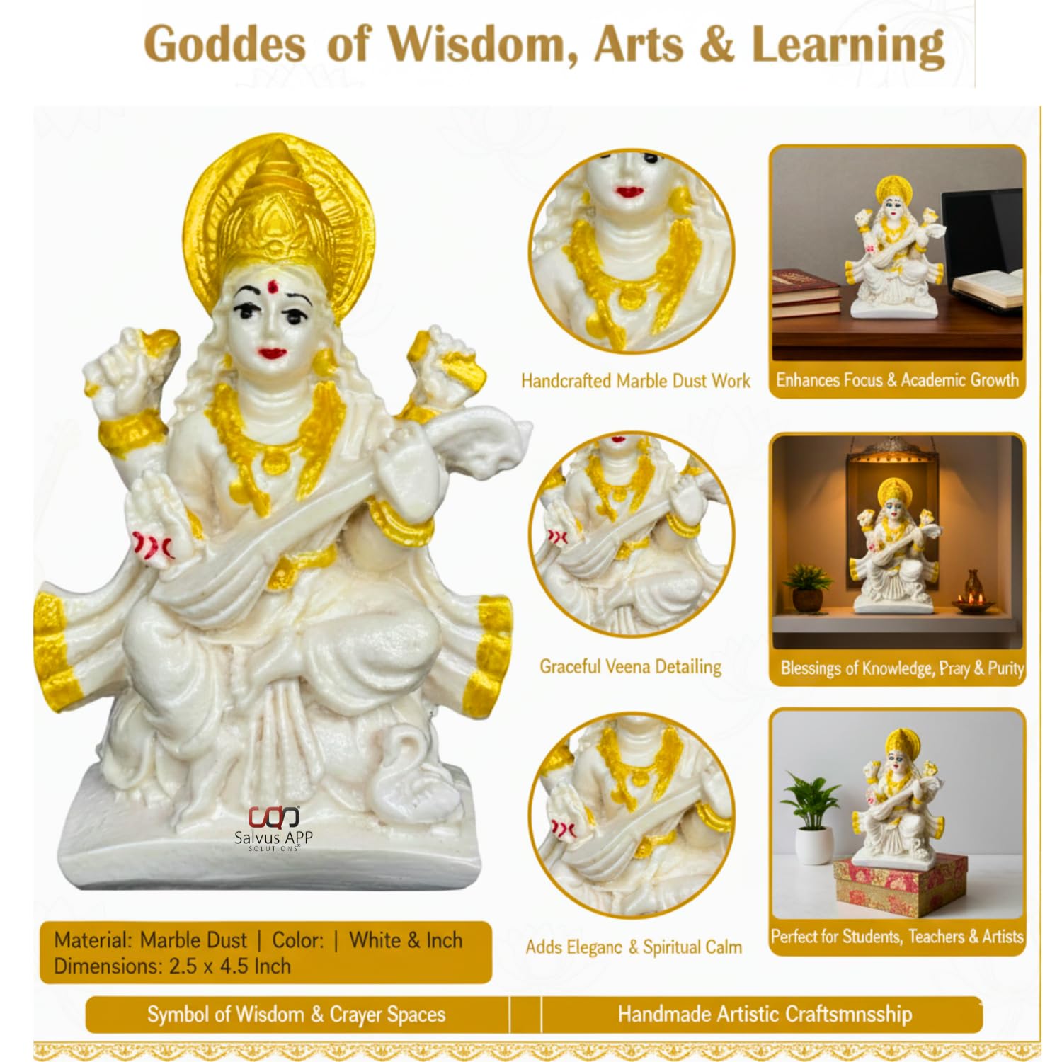Salvus App Solutions Marble Dust Maa Saraswati Idol - Goddess Saraswati Statue For Home Decor, Devi Maa Saraswati Murti (White &