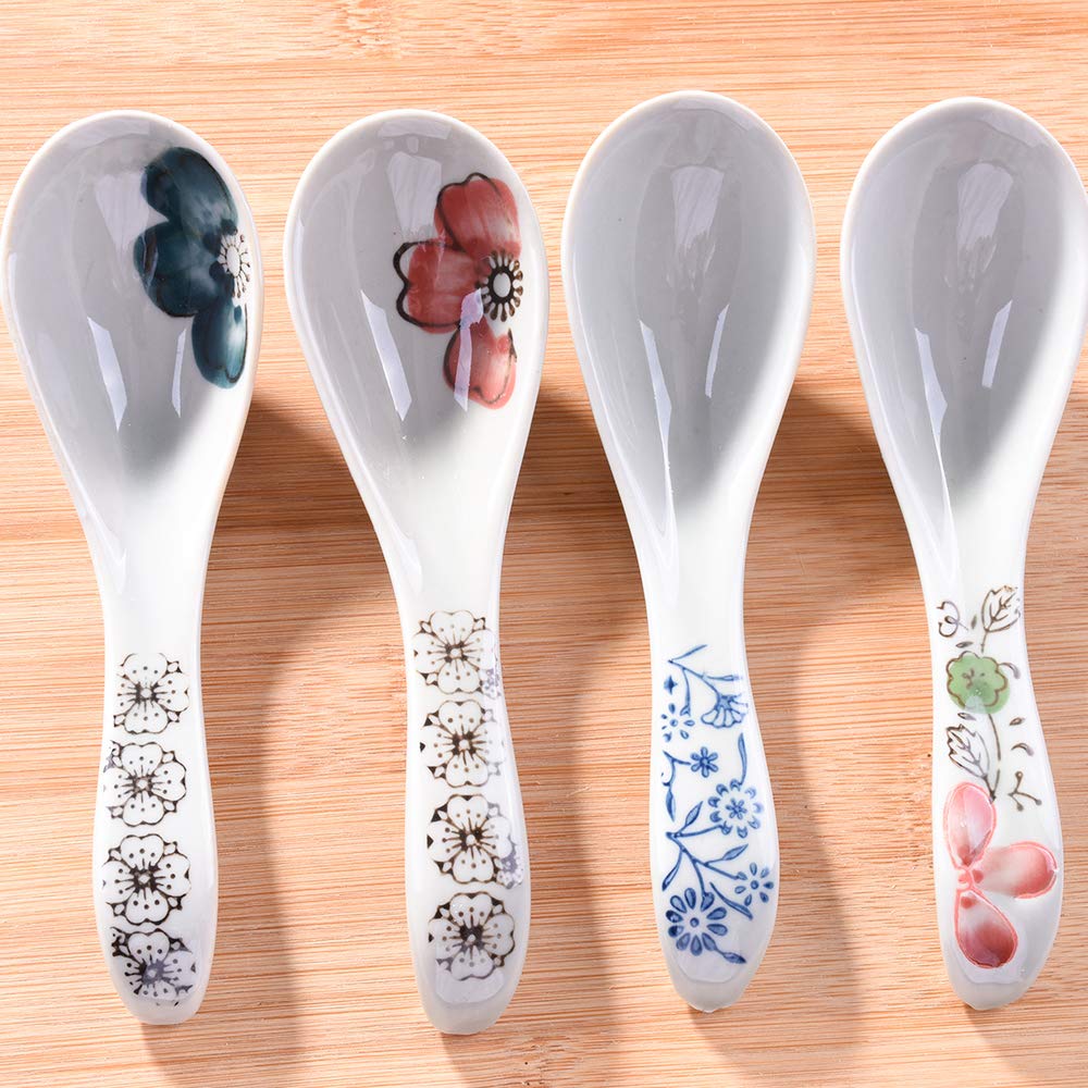 Japanese Soup Spoons Set Of 4, Asian Ceramic Ramen Spoons