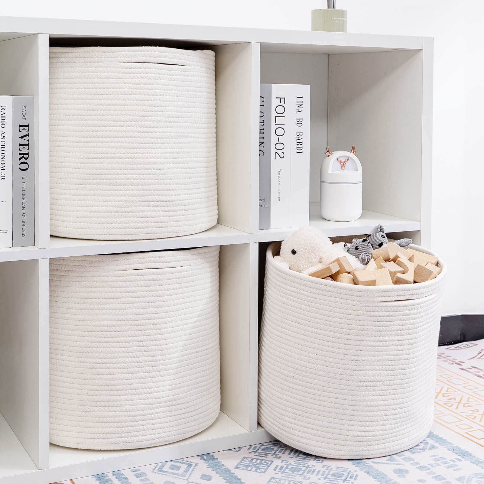 voten Bins Organizer 11x11x11 ' ' Fit 12x12 ' 'Cube Storage Bookcases Shelves Durable Woven Cotton Basket for Organizing Round 3Pack Off White
