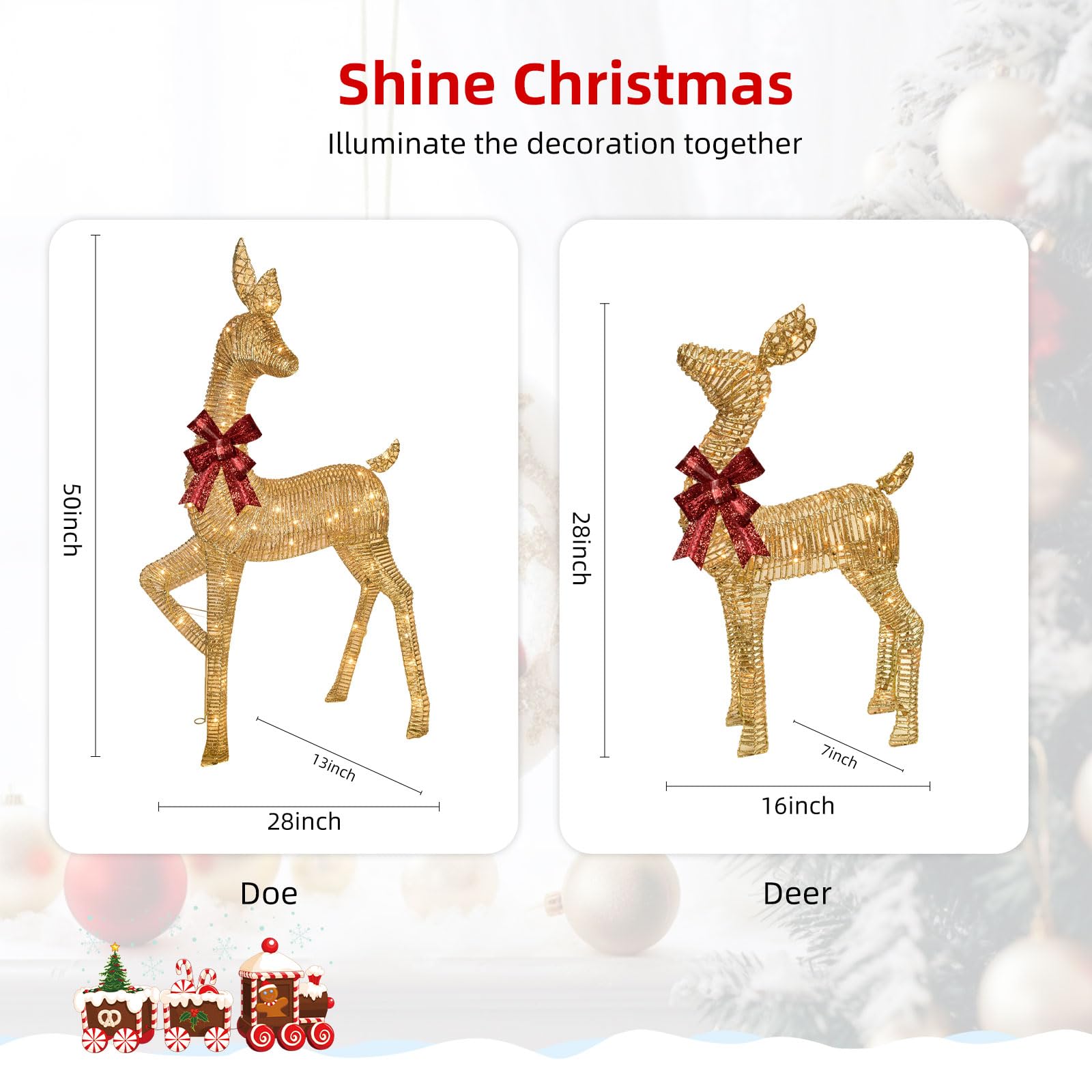 2-Piece Large Lighted Christmas Deer - HOYECHI Outdoor Yard Decoration Rattan Reindeer with 85 LED Lights, Stakes, Zip Ties - Go