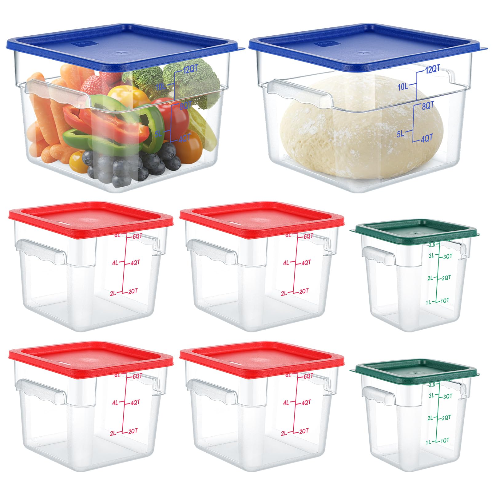 Ziliny 8 Set Square Food Storage Containers with Lid Contains 4 Pcs 6 Qt, 12 Quart and 4 Quart 2 Each, Clear Polycarbonate Comme