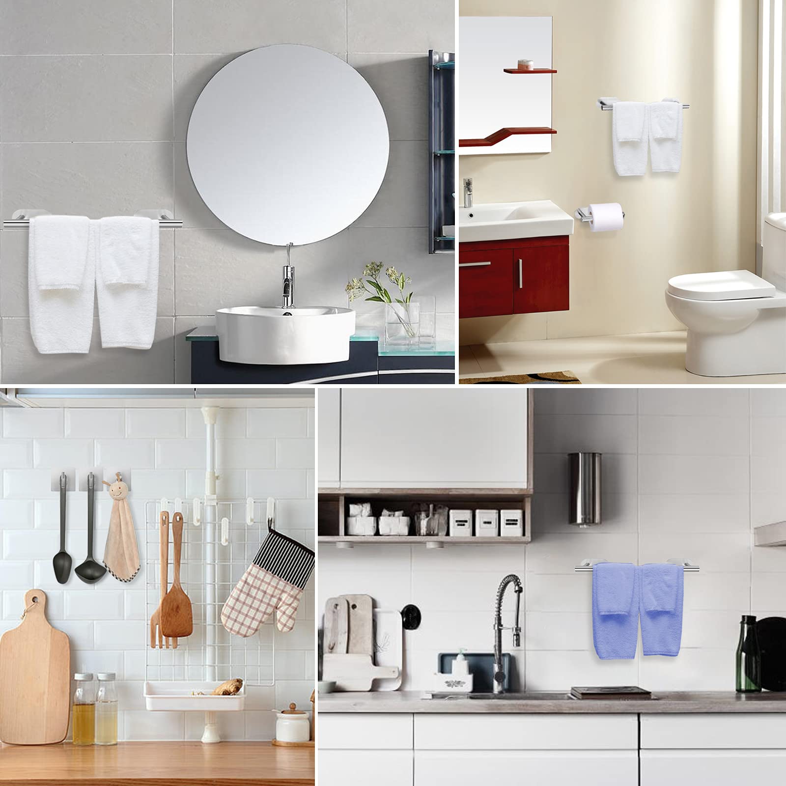 Self Adhesive Towel Bar  JiGiU Bathroom Hardware Set Include 16-Inch Bath Towel Bar Toilet Paper Holder & 3 Packs Towel Hooks SUS304 Stainless Steel Wall Mount No Drill Sticky on Towel Holder Kit