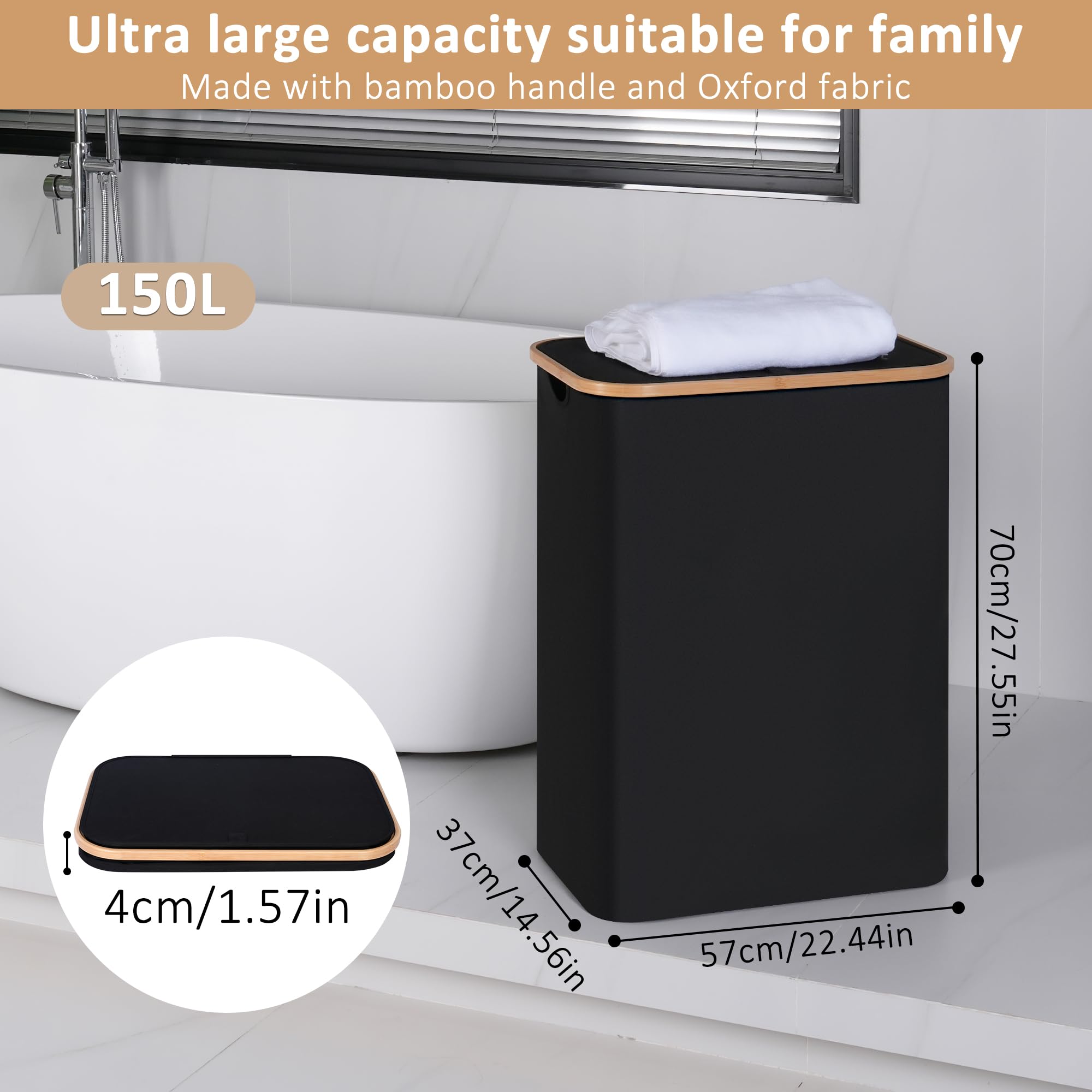 Iegrow 150L Laundry Basket With Lid,Large Laundry Hamper With Bamboo Handles, Hampers For Laundry, Dirty Clothes Hamper With 2 R