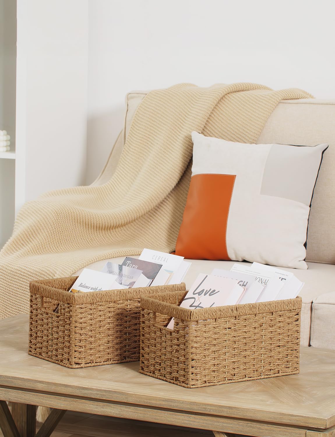 Storageworks Round Paper Rope Storage Baskets, Rectangular Wicker Baskets With Built-In Handles, Medium, 13  X 8  X 7  Inches, 2