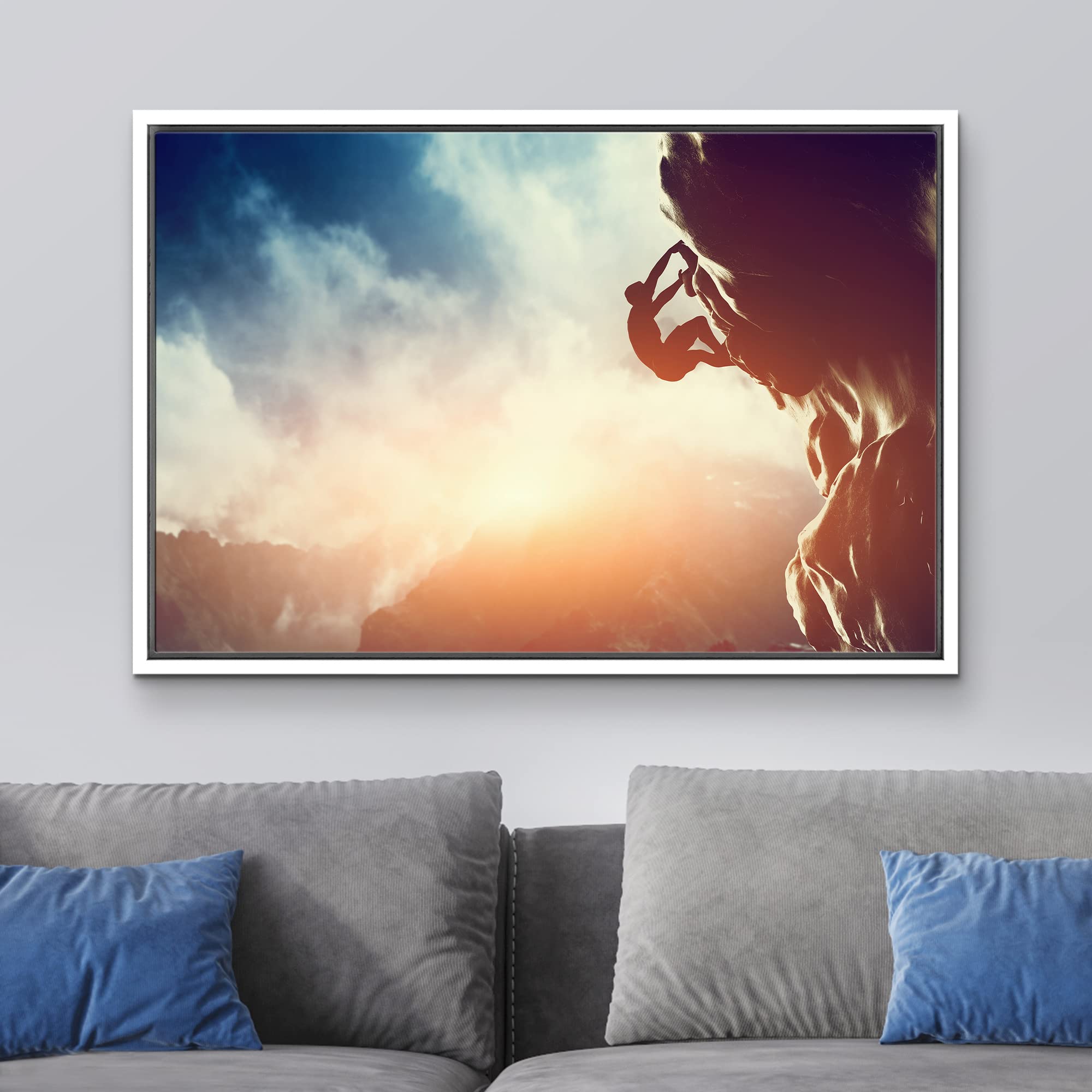 Framed Canvas Prints Wall Art - Man Climbing on Rock Mountain at Sunset/Art of Ambition  Modern Home Deoration/Wall Art Giclee Printing Wrapped Canvas Art Ready to Hang - 16''x24'' White