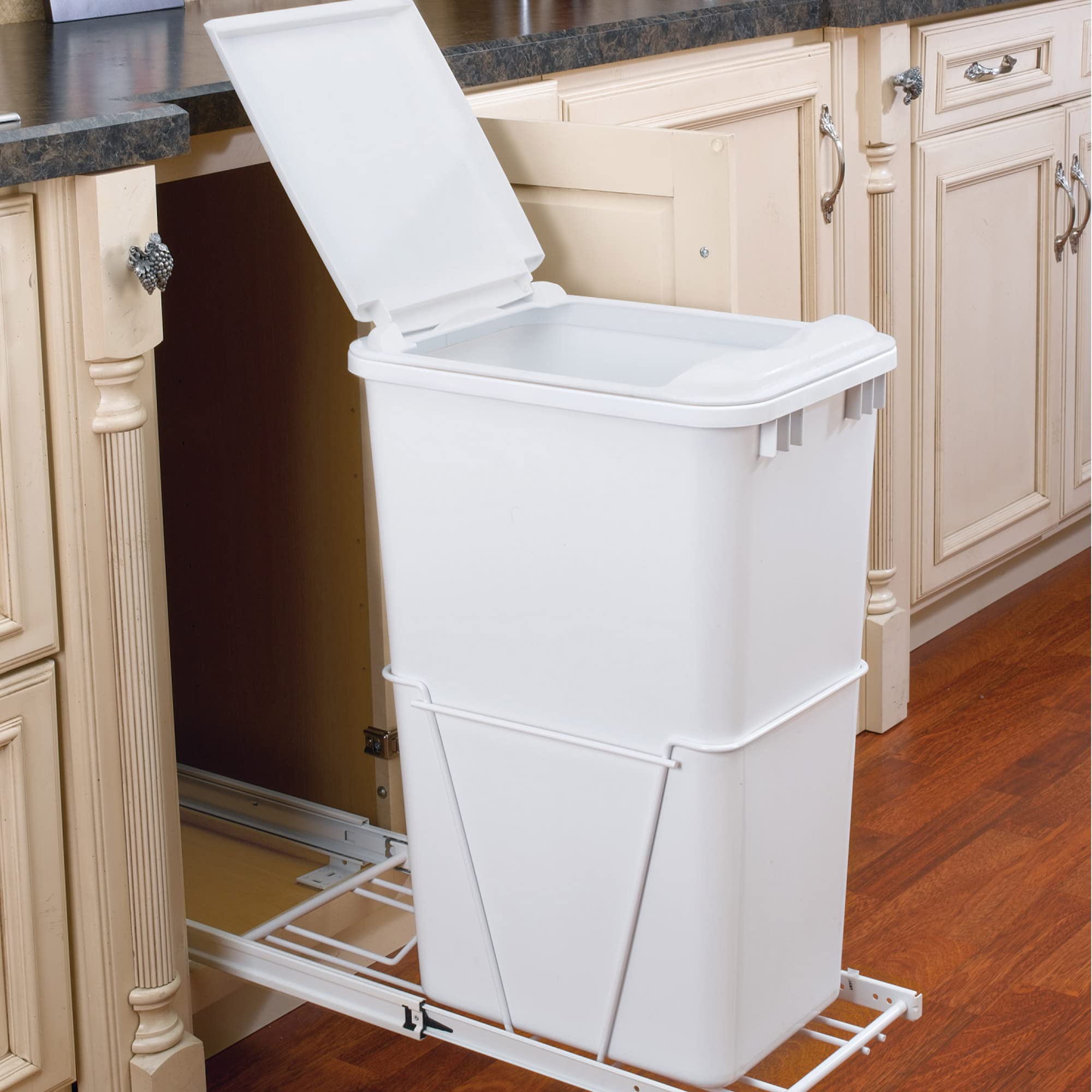 Rev-A-Shelf Single Pull Out Under Sink 50 Qt Trash Can For Base Kitchen/Bathroom Cabinets W/Lid, Slides, And Simple Installation