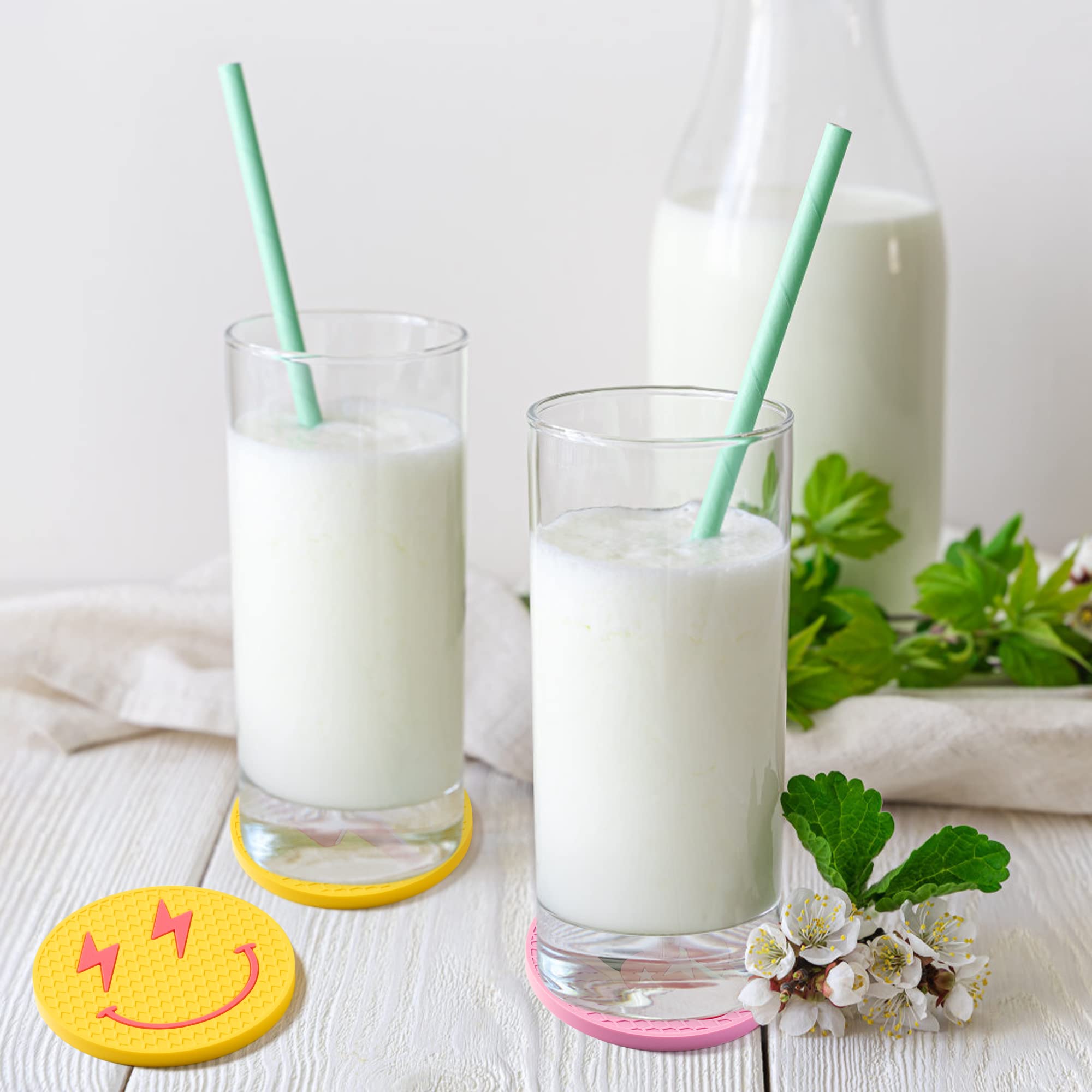 Aellasnervalt 4Pcs Preppy Car Cup Coaster Smile Face Lightning Bolt Leopard Lip Silicone Drink Coasters Non-Slip Heat Resistant