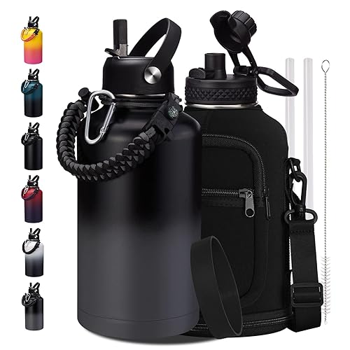 64OZ Insulated Sports Water Bottle - Large Half Gallon Stainless Steel Flask Water Bottles 64 oz  Leak Proof  Double Walled  BPA Free  Sweat-Proof Water Jug with Straw  Keep Cold-48H & Hot-24H