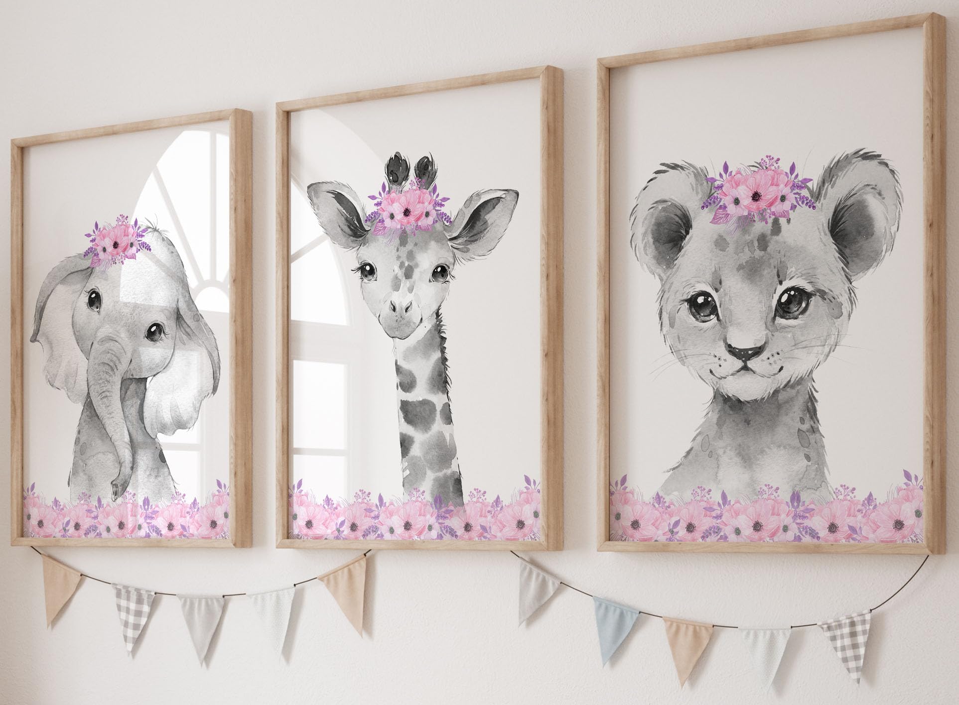 Safari Animals Baby Girls Nursery Set of 3 Unframed Wall Art Prints  Gray Baby Animals with Pink Flowers  Child Bedroom Nursery Decor Posters  Giraffe Elephant Lion (8x10)