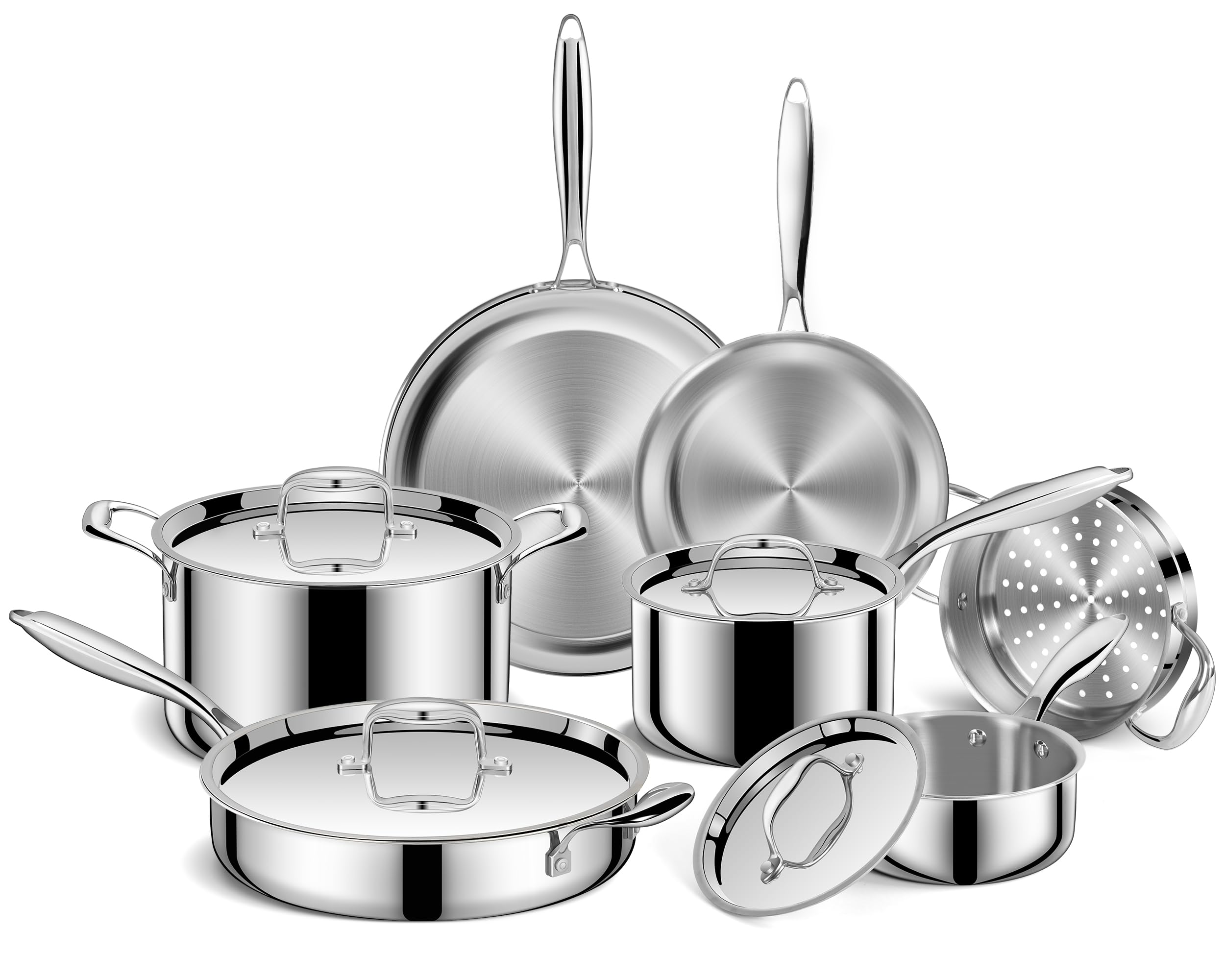 EWFEN Pots and Pans Set, 3 Ply 11 Piece Stainless Steel Cookware Set, Oven Dishwasher Safe | Induction Compatible Frying Pans, S