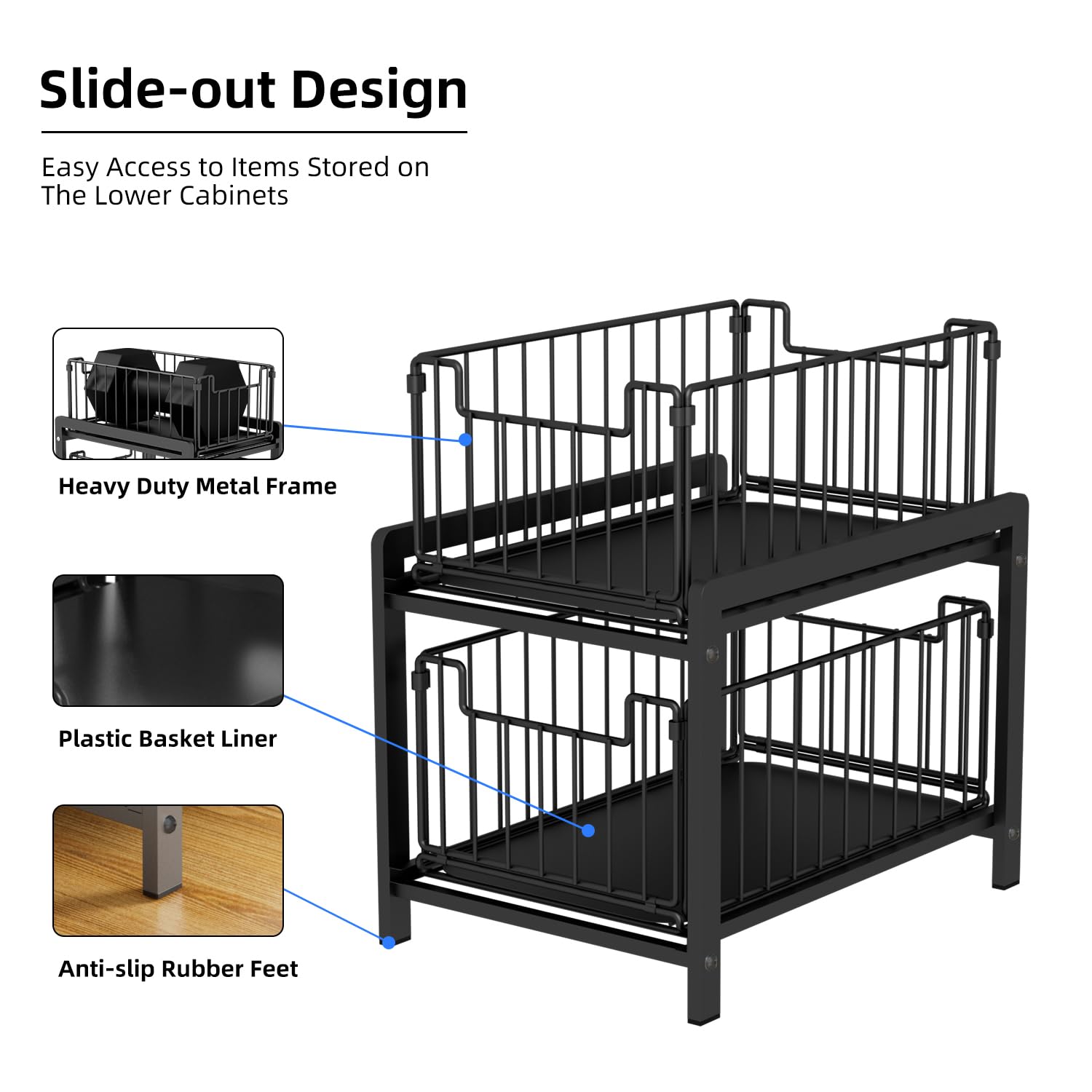 2 Tier Sliding Basket Drawer Organizer, Lxmons Pull Out Under Sink Cabinets Organizer, Metal Home Organizer Shelf For Bathroom O