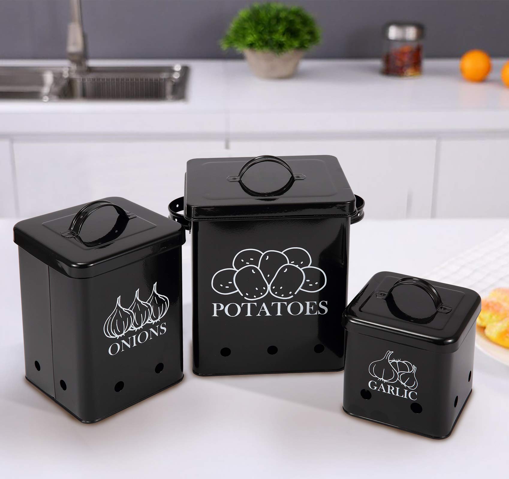 Potato Onion Kitchen Storage Canisters Jars Pots Containers 3 Pack Set - Potatoe, Garlic Bin Caddy, Long Shelf Life With Aeratin