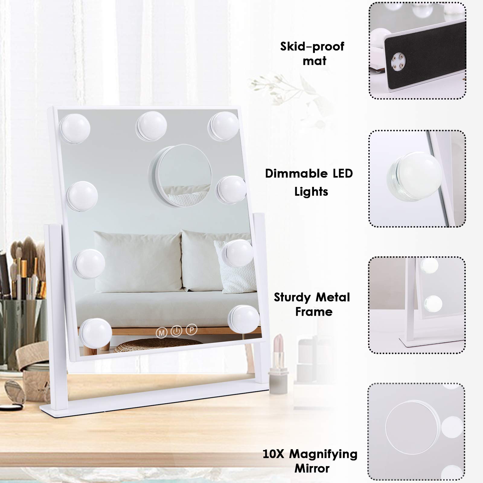 BWLLNI Lighted Makeup Mirror Hollywood Mirror Vanity Mirror with Lights  Touch Control Design 3 Colors Dimable LED Bulbs  Detachable 10X Magnification  360Rotation  White.