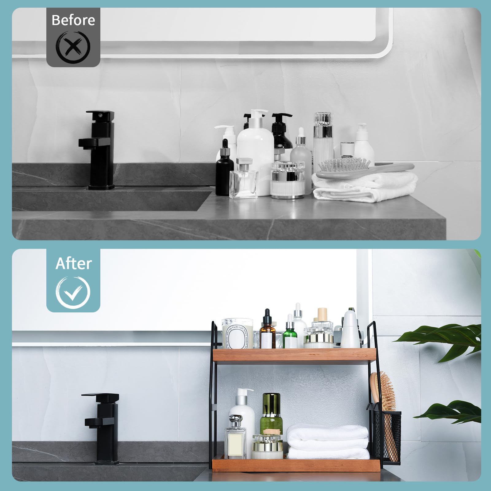 Uneviesyka Bathroom Counter Organizer - 2-Tier Wood Storage Shelf, 14"x6"x13", Brownish, Model 2T-YSJ-Brownish