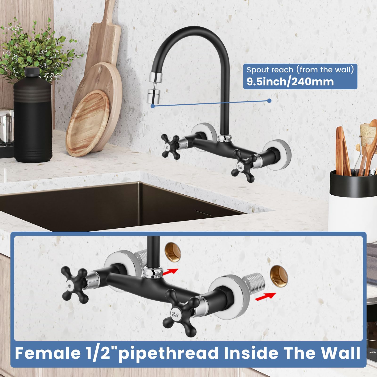 Airuida Matte Black & Polished Chrome Wall Mount Faucet with Sprayer Commercial Kitchen Faucet 8 Inch Center Utility Sink Faucet 360 Degree Swivel Spout Restaurant Sinks Laundry Room Faucet