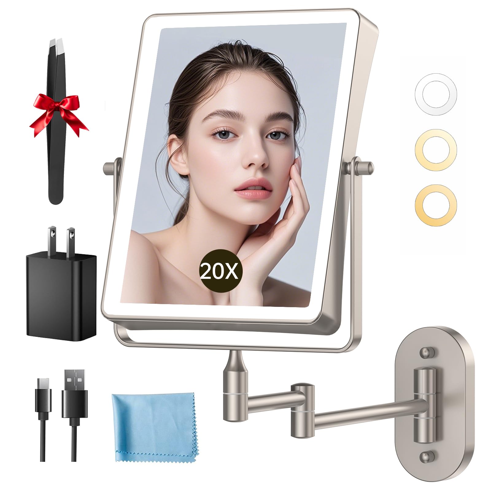 Wall Mounted Makeup Mirror with Lights, 5000mAh Rechargeable Double Sided 1X/20X Magnifying Mirror with 3 Color Light, Touch Dim