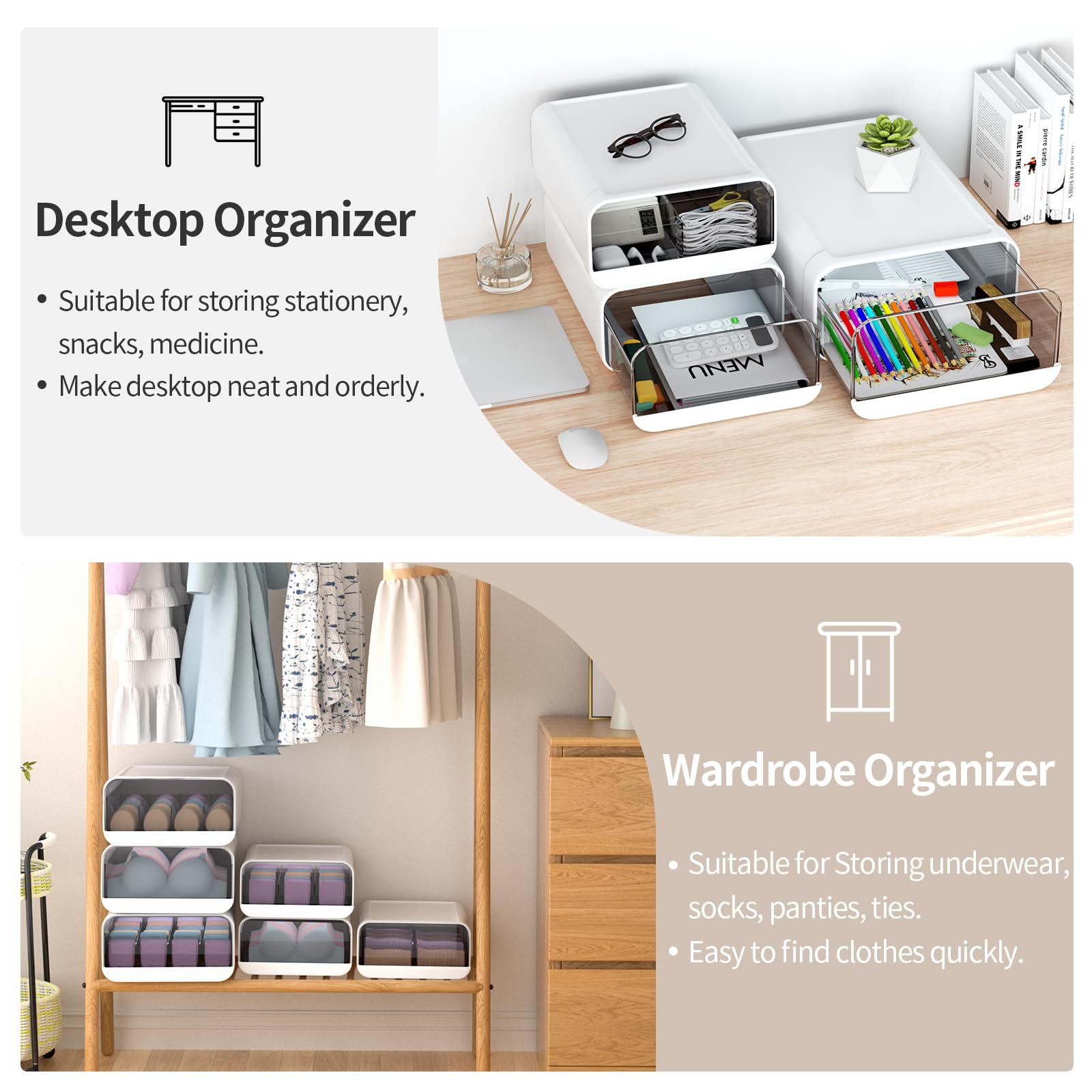 Miaocona Underwear Organizer Drawer, 15 Cells Plastic Sock Underwear Storage Drawer, Stackable Closet Organizers and Storage Box