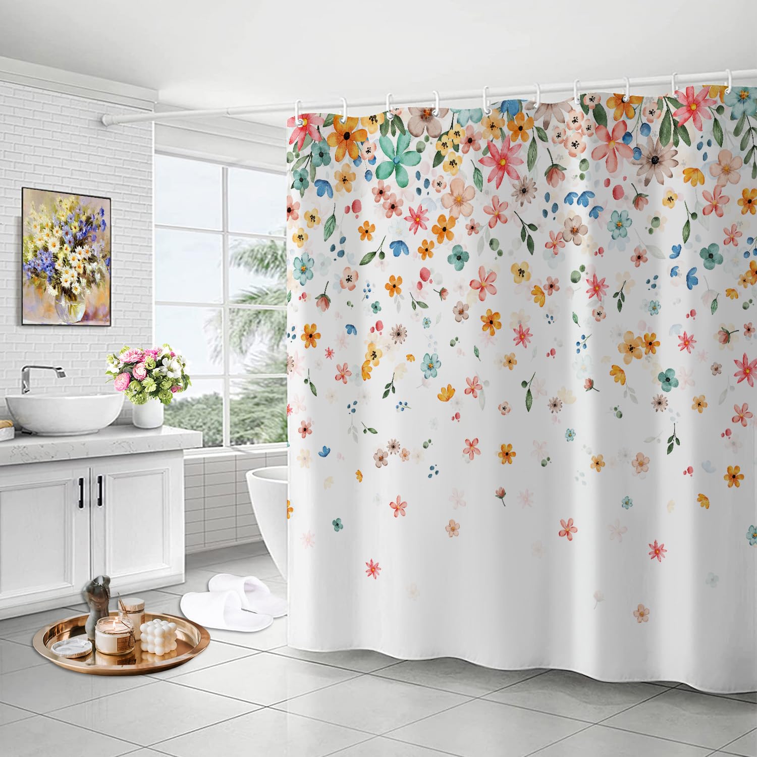 Zorket Colorful Floral Shower Curtain, Spring Summer Shower Curtains For Bathroom Decor, Watercolor Flower Waterproof Fabric Sho