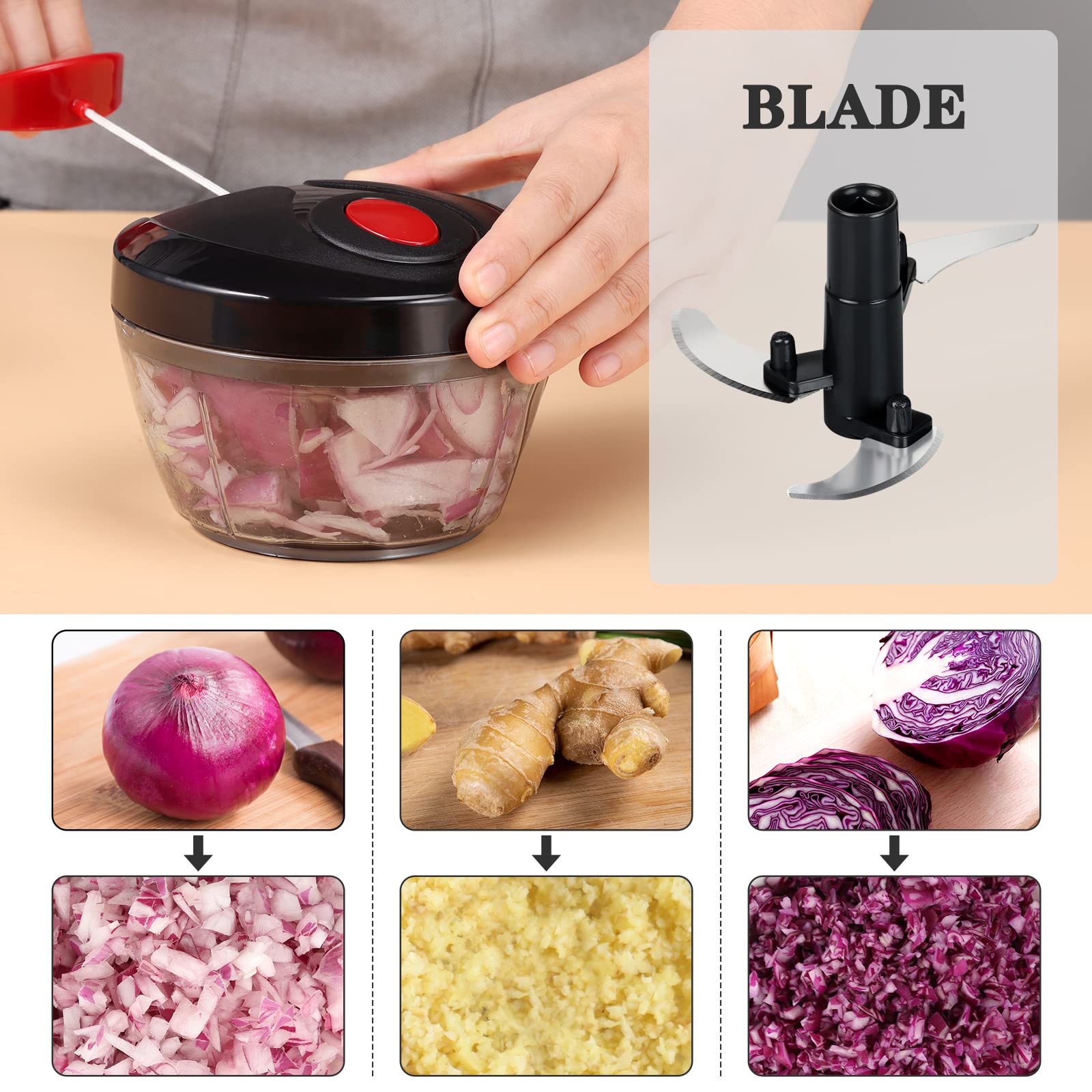 Cambom Chopper Manual Food Chopper  Hand Pull String Vegetable Chopper  Durable BPA Free Food Safe Material (BLACK)