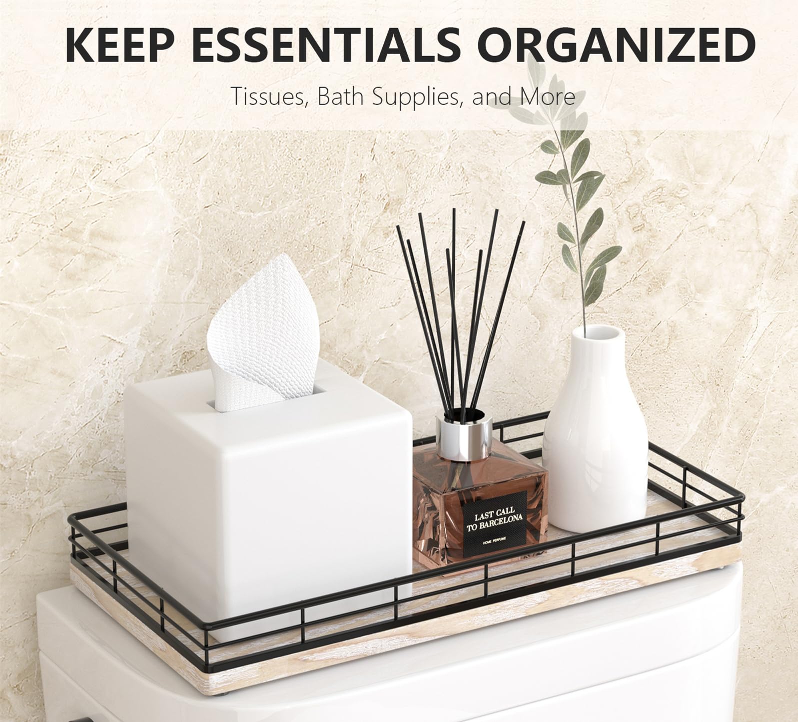 Toilet Paper Basket Organizer - Ash Wood Toilet Tank Tray with Metal Frame, Back of Tank or Top Bathroom Counter Storage - Black