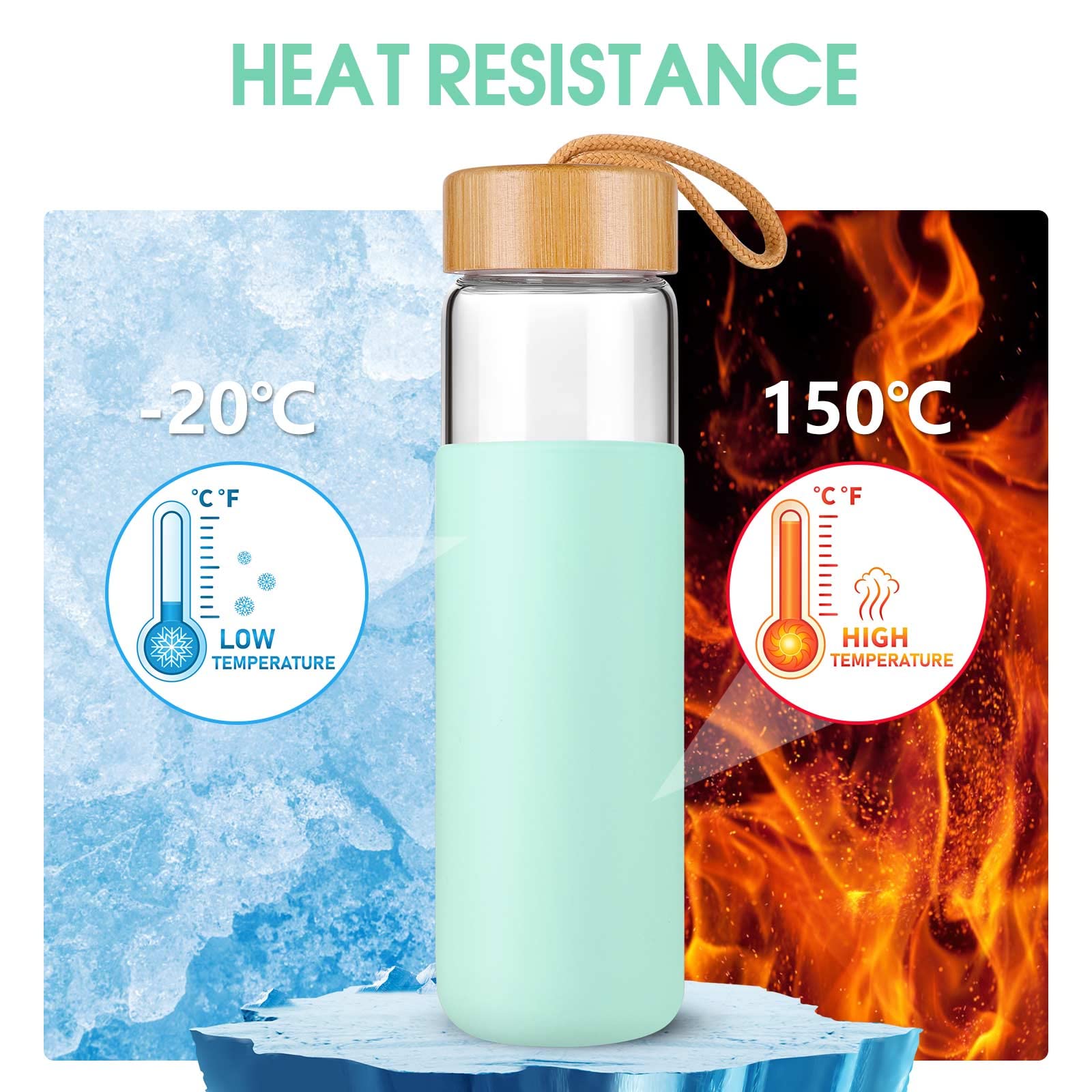 Yomious 25 Oz Glass Water Bottle With Bamboo Lid - Borosilicate Glass Water Bottles With Sleeve, Wide Mouth And Dishwasher Safe