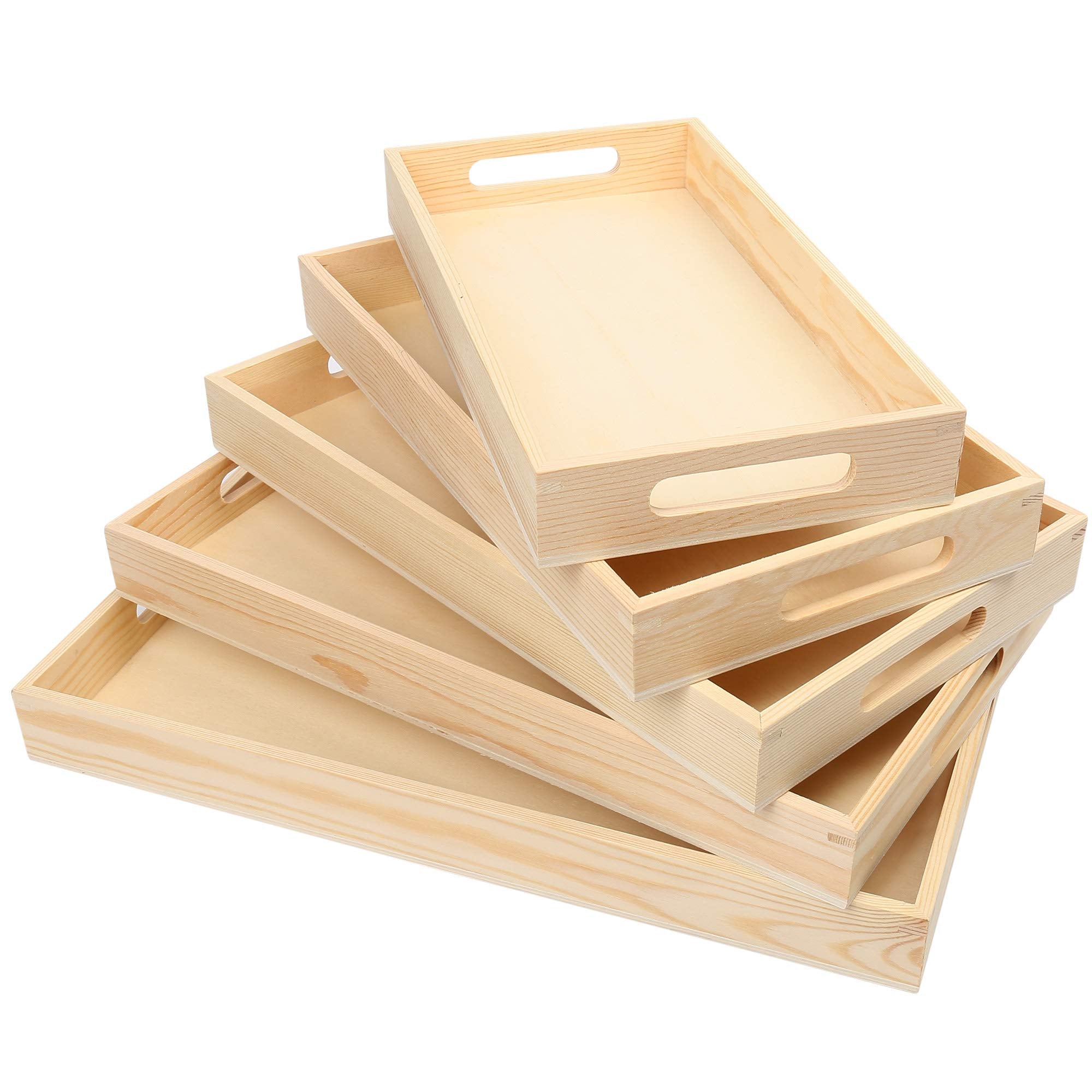 Lotfancy Wooden Nested Serving Trays, Set Of 5, Unfinished Natural Wood Trays With Handles, For Craft And Decor, Food Organizer