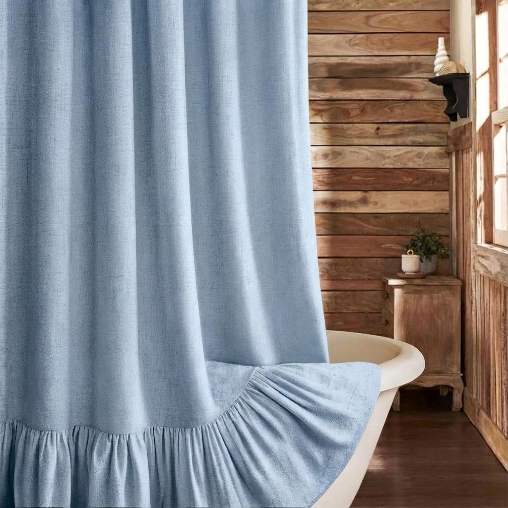 Xoguibo Farmhouse Shower Curtain With Ruffle Hem Linen Flax Blue Grey Shower Curtains For Bathroom Country Vintage Rustic Natura