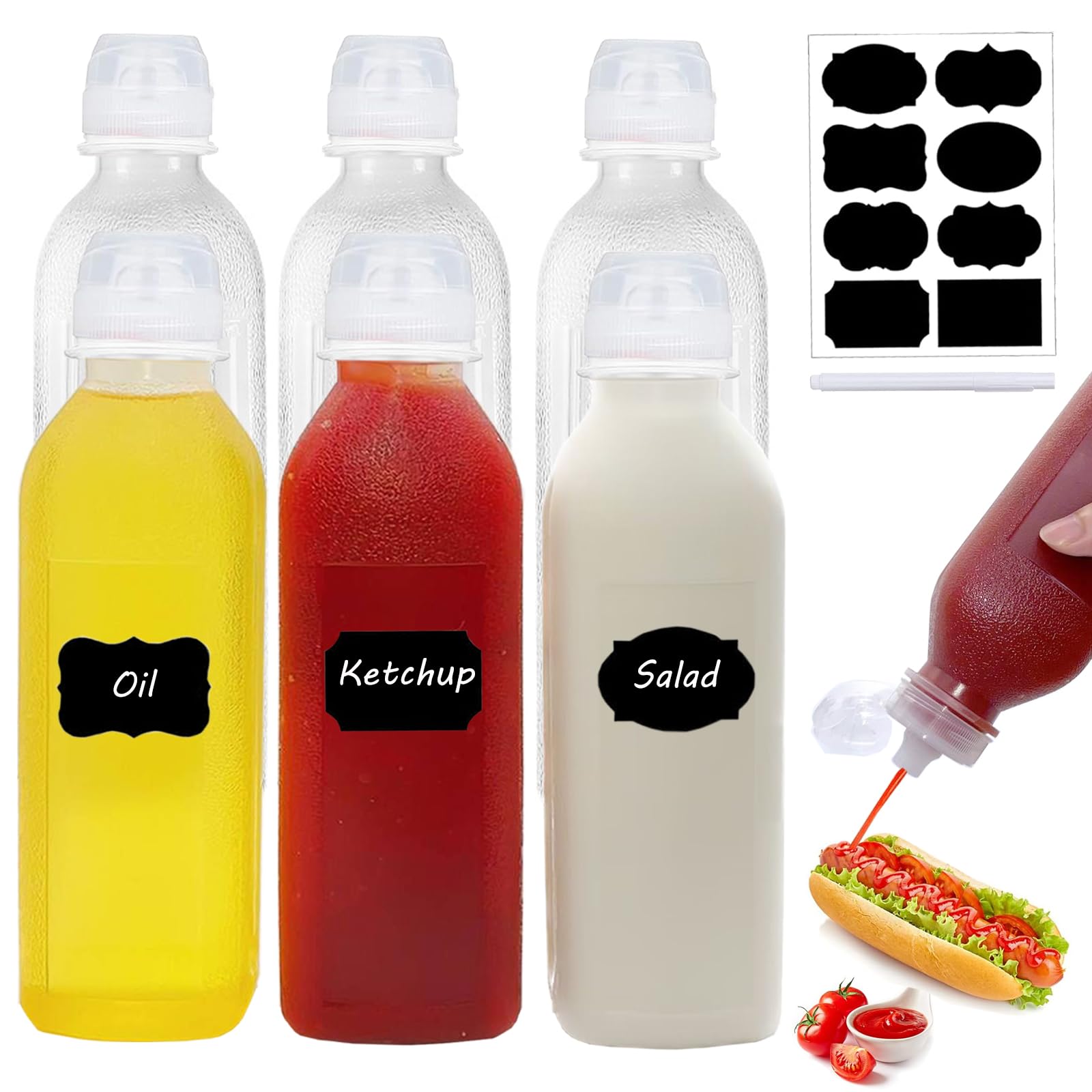 Wayda Condiment Squeeze Bottles,6 Pack Squeeze Bottles For Sauces, Ketchup Salad Dressing Container, 17Oz Plastic Bottles With S