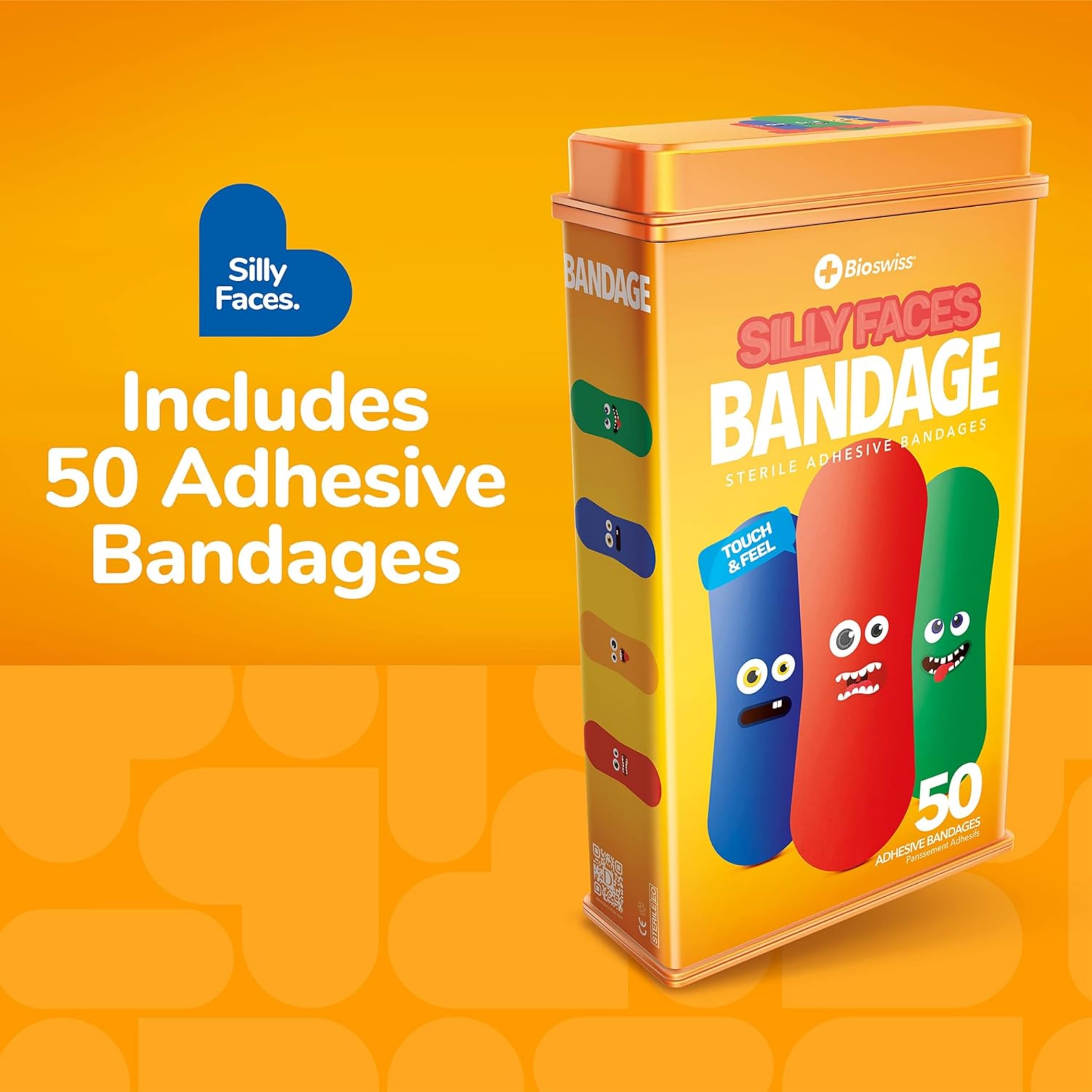 Bioswiss Silly Faces Shaped Bandages First Aid Latex Free Adhesive Bandage For Kids And Adults, First Aid Tin, 50 Pack
