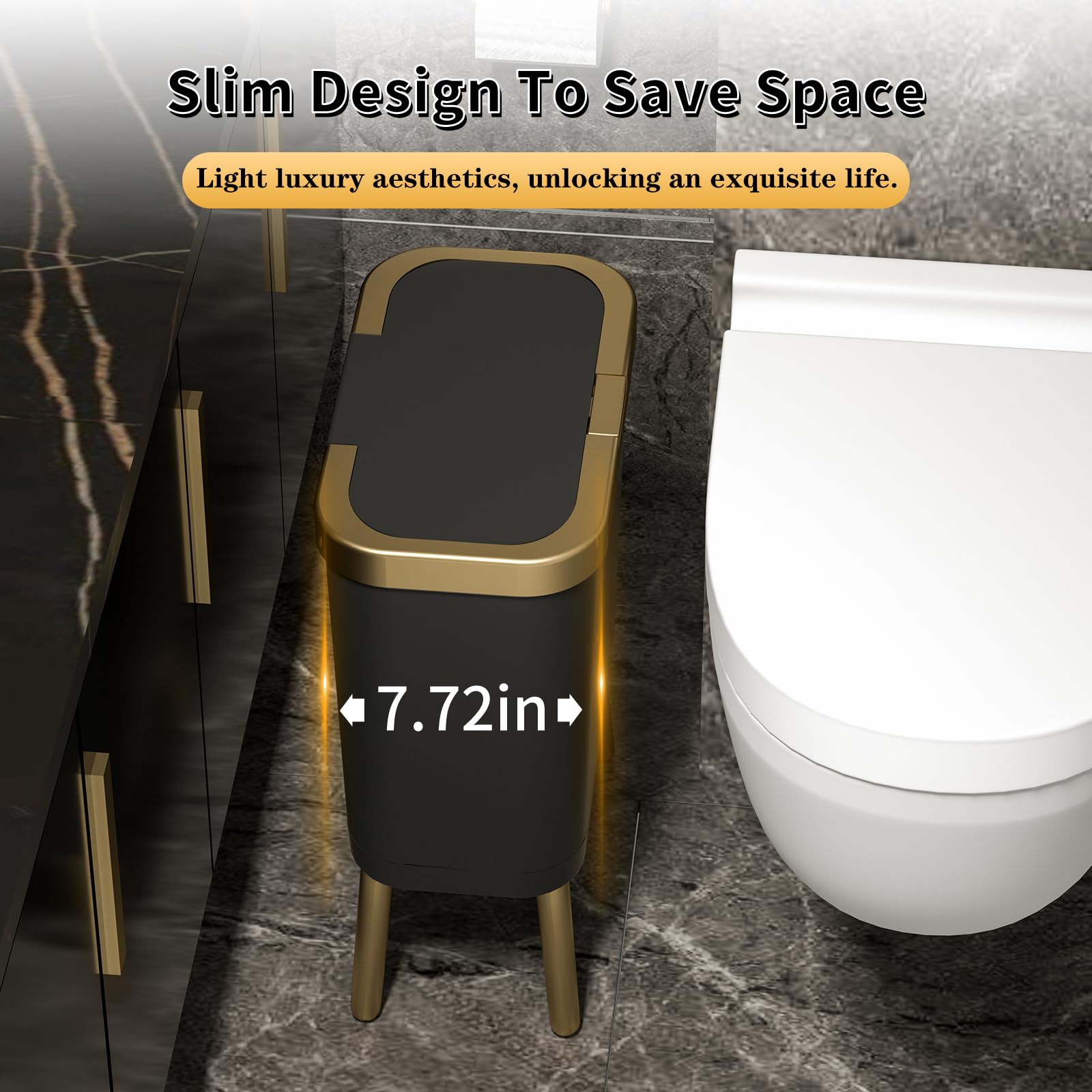 Procade Office Trash Can With Lid, Black Bathroom Trash Can With Gold Edge, Modern Narrow Garbage Can With Legs, Slim Plastic Tr
