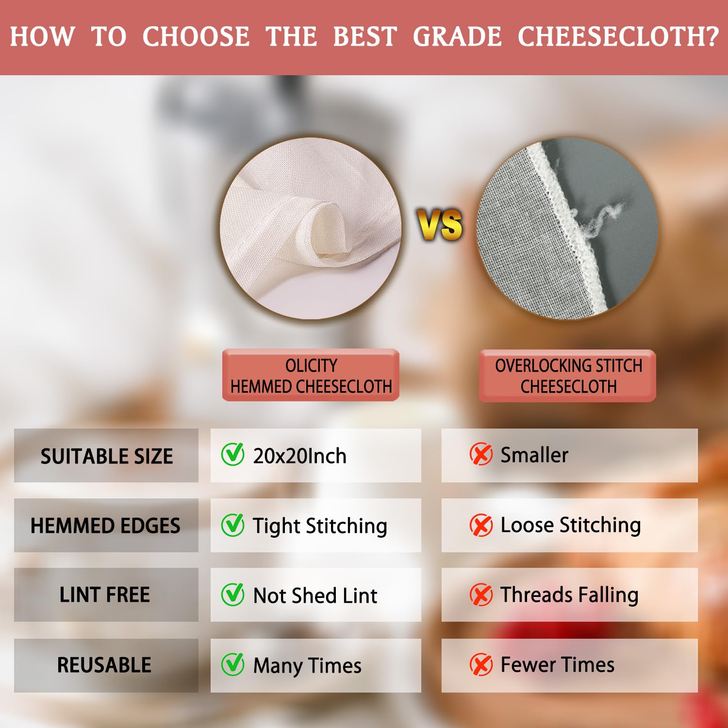 Olicity Cheese Cloths, 6Pcs, Grade 100,20X20Inch Hemmed Cheese Cloth Fabric Reusable Fine Mesh Cloth Strainer, 100% Cotton Unble