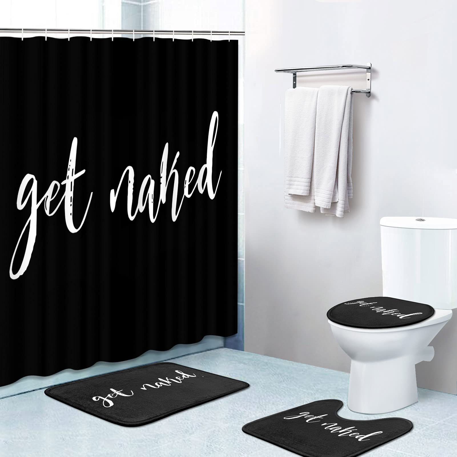 Britimes 4 Piece Shower Curtain Sets, With 12 Hooks, Get Naked Black With Non-Slip Rugs, Toilet Lid Cover And Bath Mat, Durable