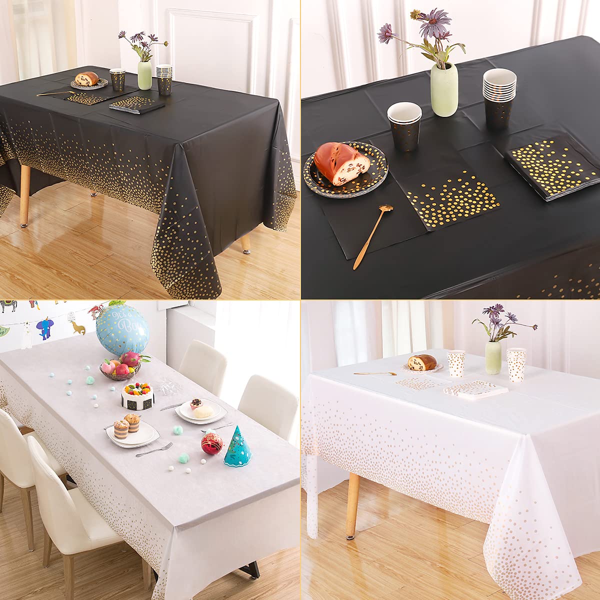 Jepeux 2 Packaging Black And Gold Plastic Tablecloth, 54 Inch X108 Inch Rectangular Disposable Dot Party Table Cover, Suitable F