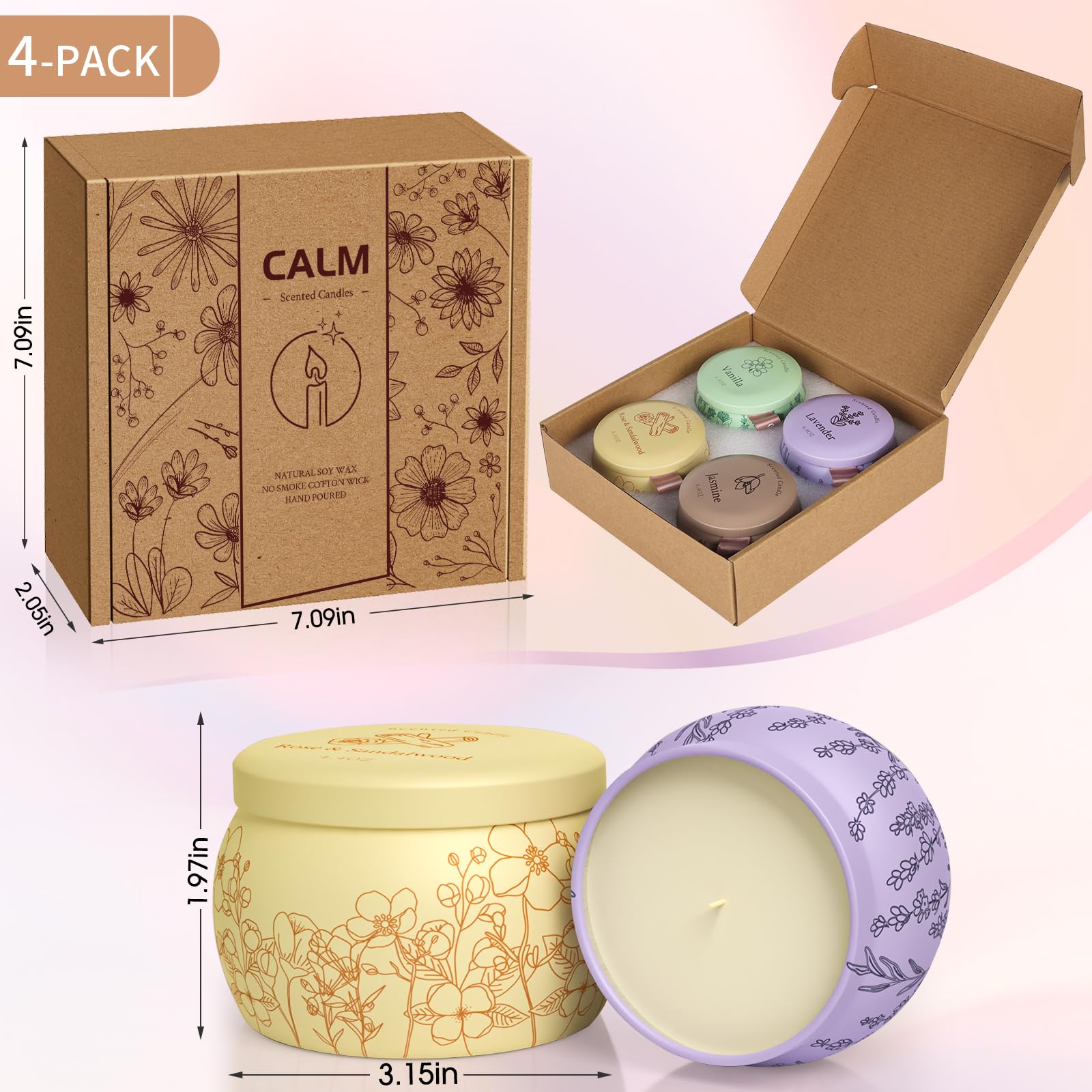WarmEmbrace Scented Candles for Women, 17.6oz Romantic Candles for Valentine's Day, Candle Set, 120H Burning, Soy Candles for Ho