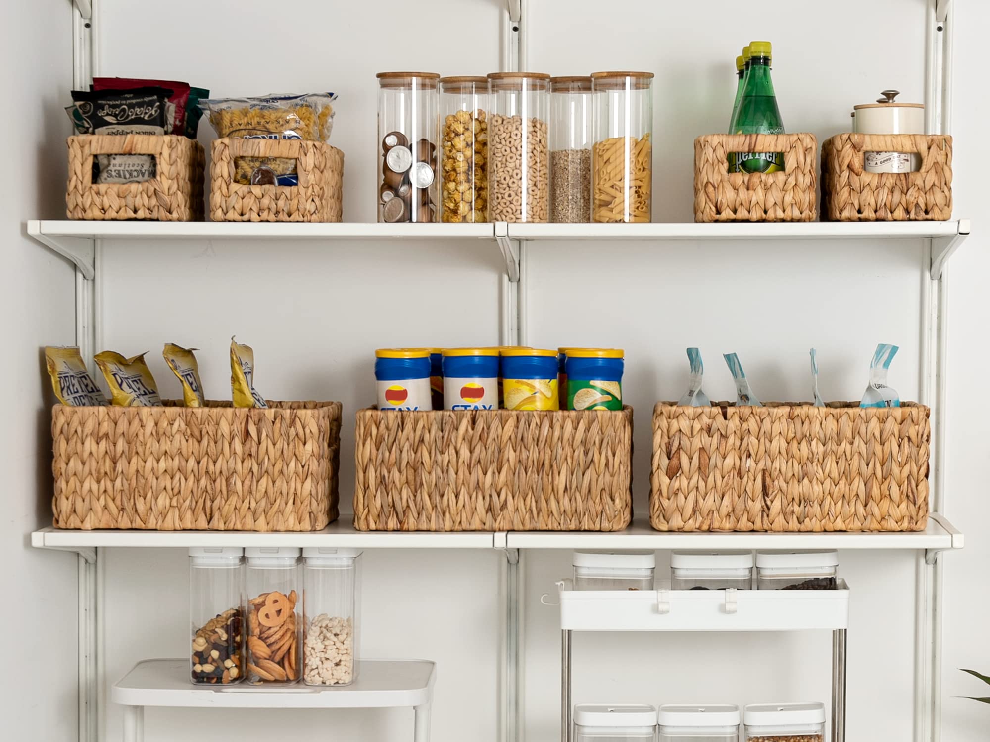 StorageWorks Water Hyacinth Storage Baskets  Square Wicker Baskets with Built-in Handles  Hand-Woven Baskets for Bedroom  Bathroom  Pantry  Shelves  Set of 3 (1PC Large  2PCS Medium)