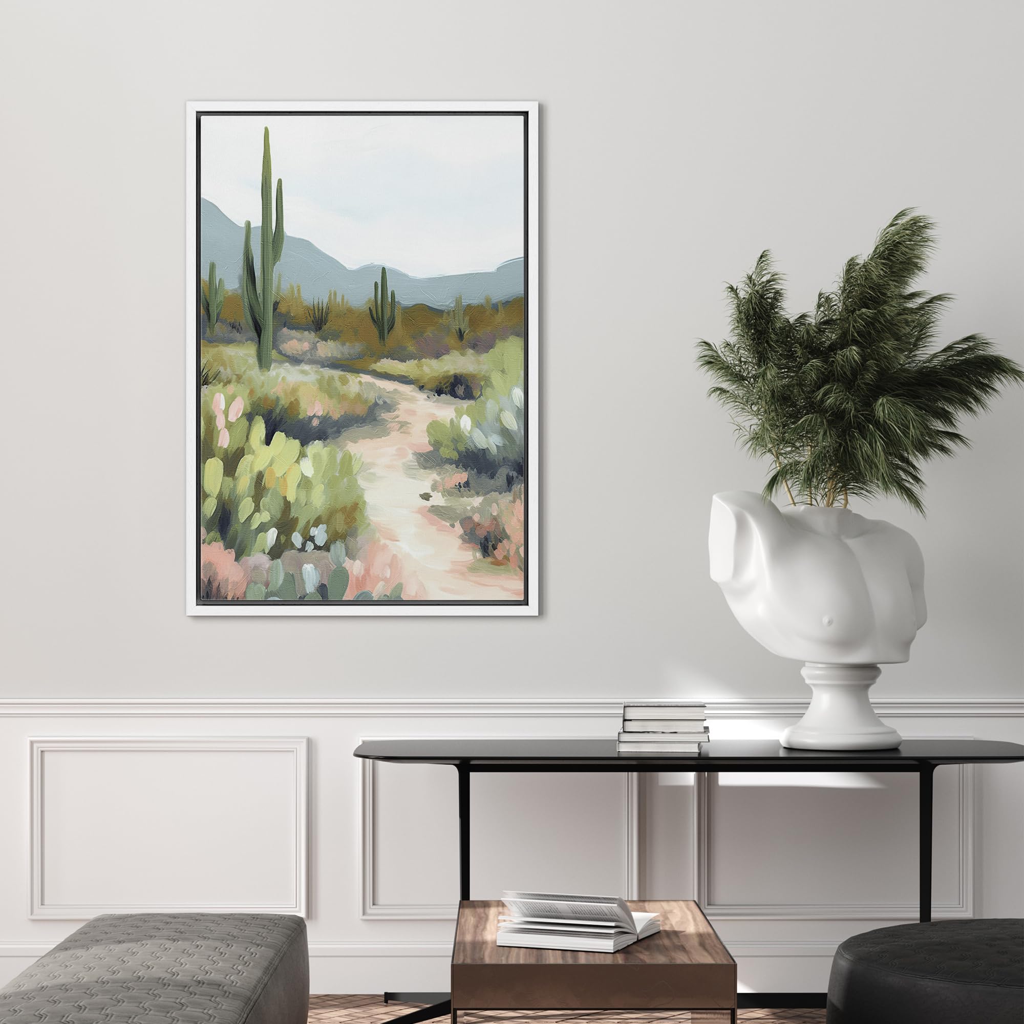 Signford Framed Canvas Print Wall Art Desert Path With Cacti Nature Wilderness Illustrations Modern Art Decorative Rustic Relax/