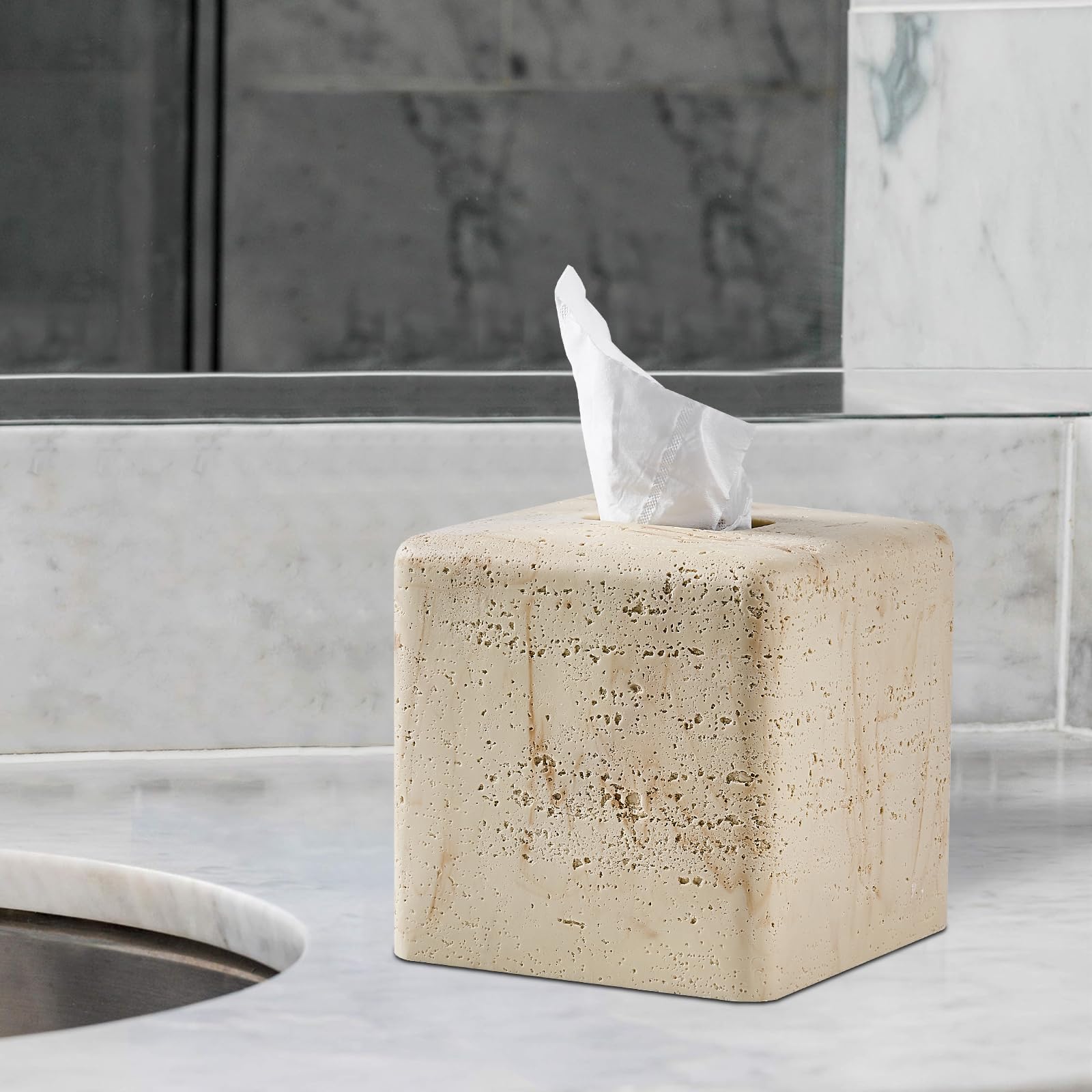 Natural Travertine Textures Tissue Box Cover Square For Home Decor,Resin Heavy Tissue Box Holder For Bathroom Countertop,Tableto