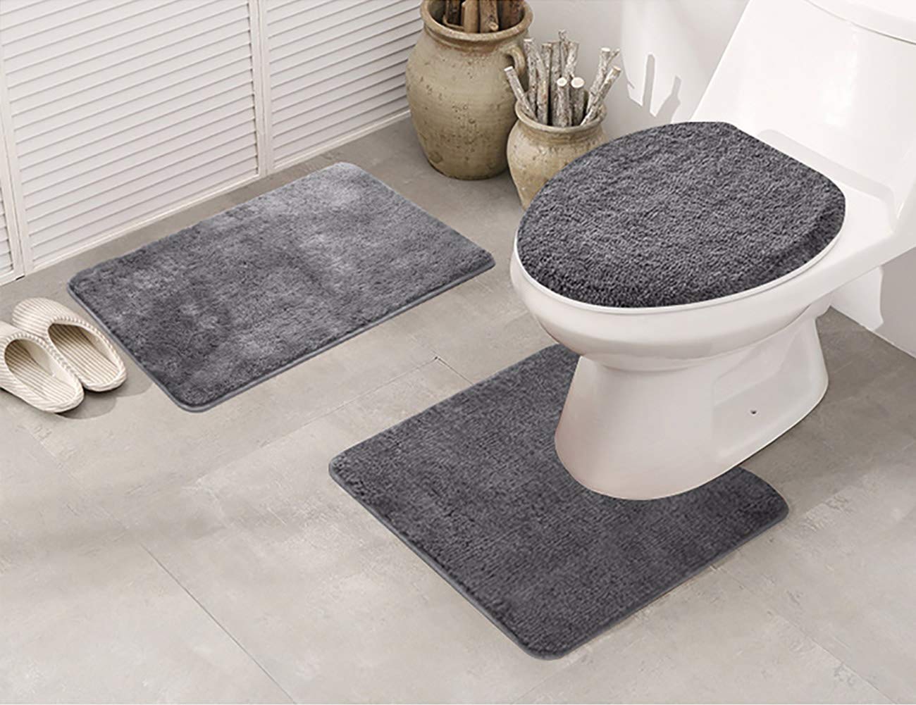 Better Home Style 3 Piece Bathroom Rug Set Bath Rug, Contour Mat, & Lid Cover Non-Slip With Rubber Backing Solid Color (Charcoal