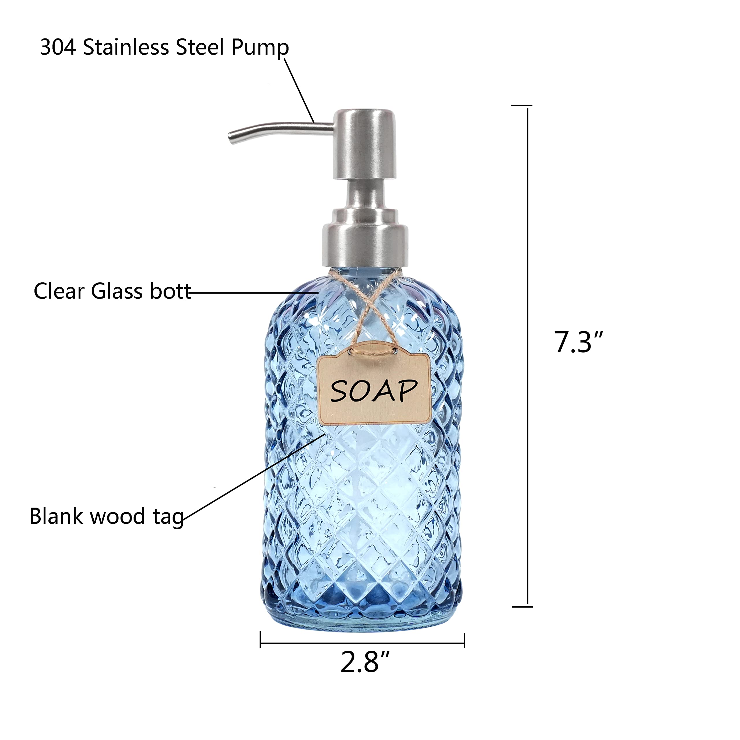 Bathroom & Kitchen Glass Hand And Dish Soap Dispenser With 304 Rustproof Stainless Steel Pump (Blue-2Pack)