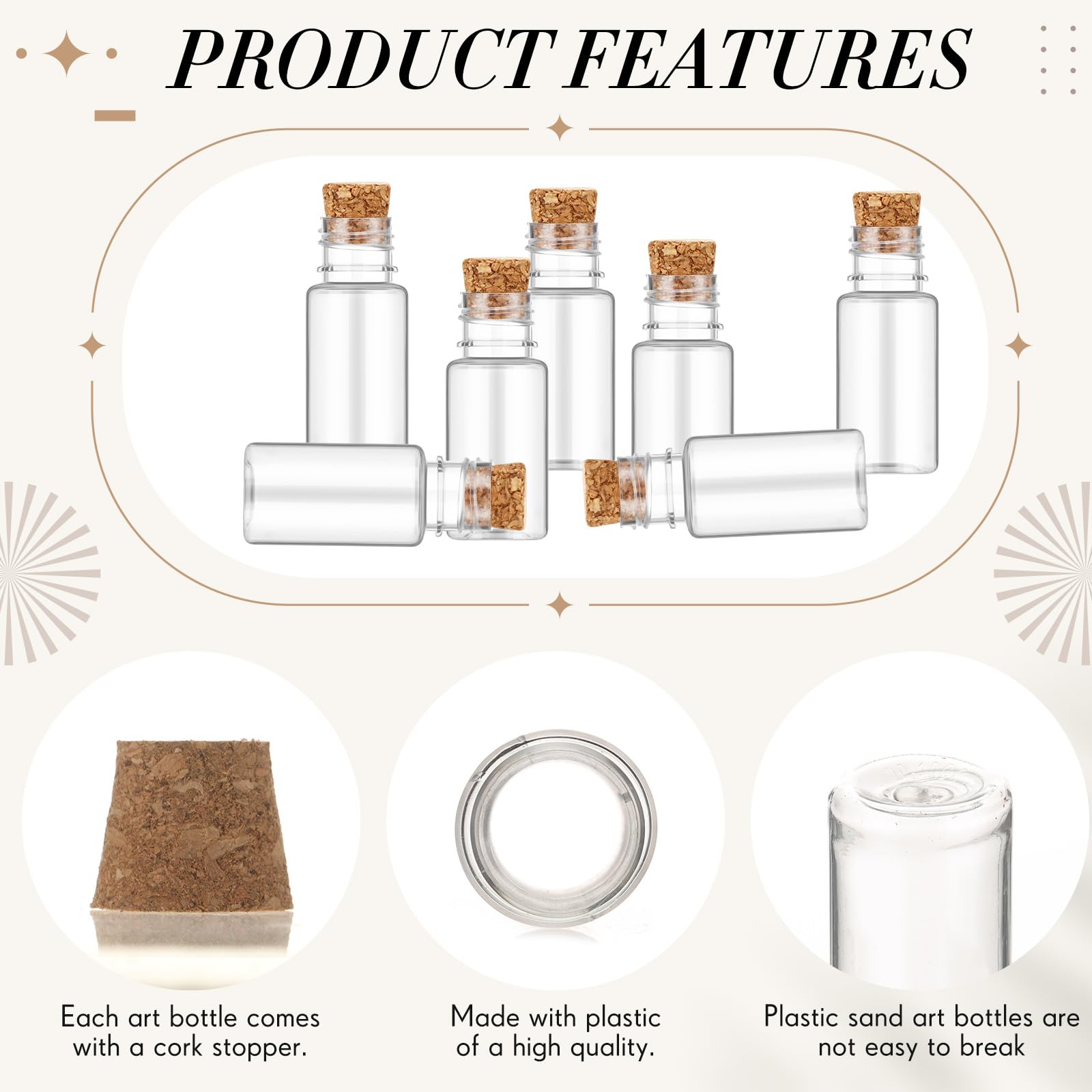 Bokon 100 Packs Mini Plastic Bottles with Corks Stoppers Eye Screws Funnels Small Potion Bottles Tiny Clear Sand Art Jar Wishing