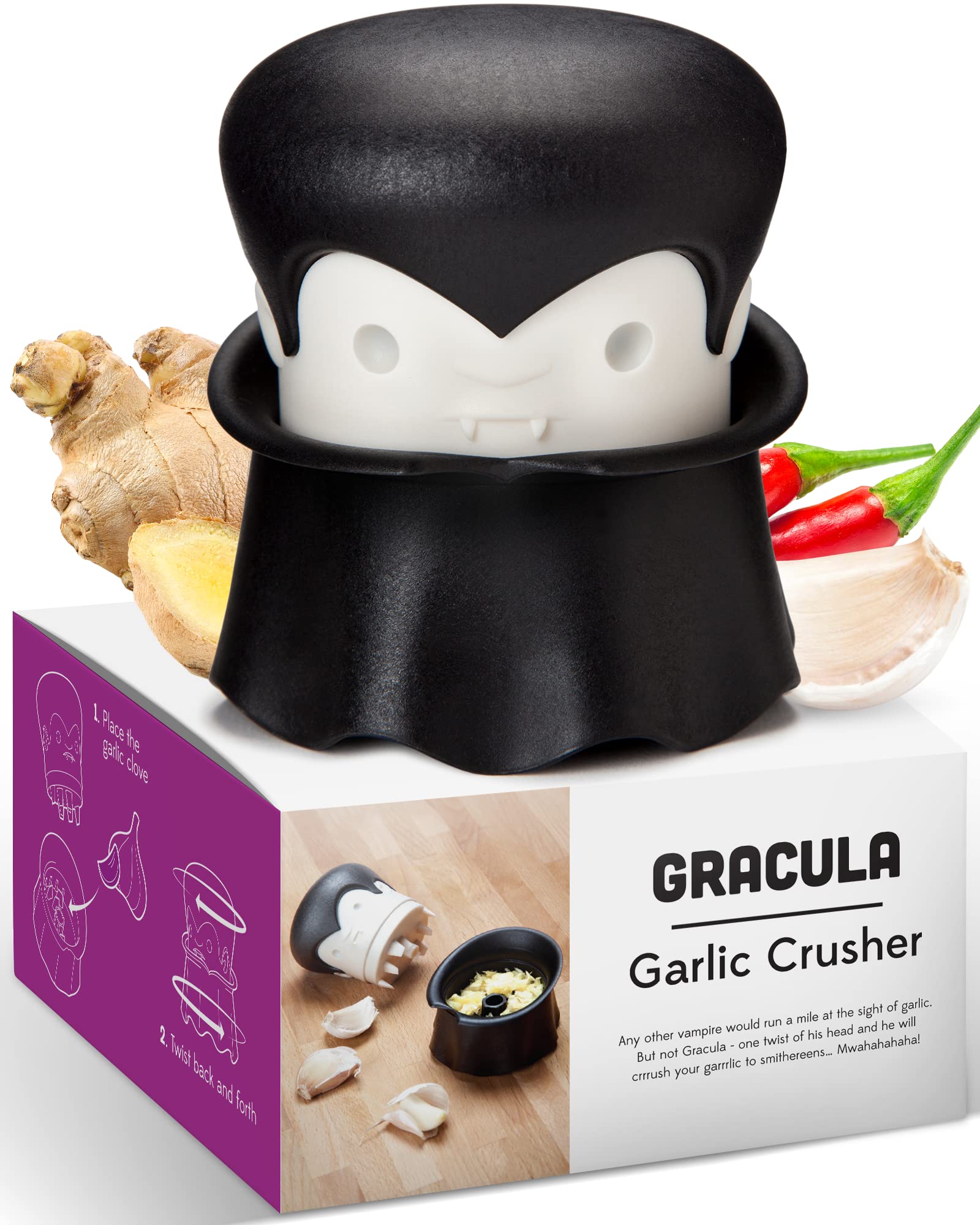 Ototo Gracula Garlic Crusher, Garlic Peeler, Also For Ginger, Nuts, Chili, Herbs - Twist Top Mincer & Easy Squeeze Manual Press
