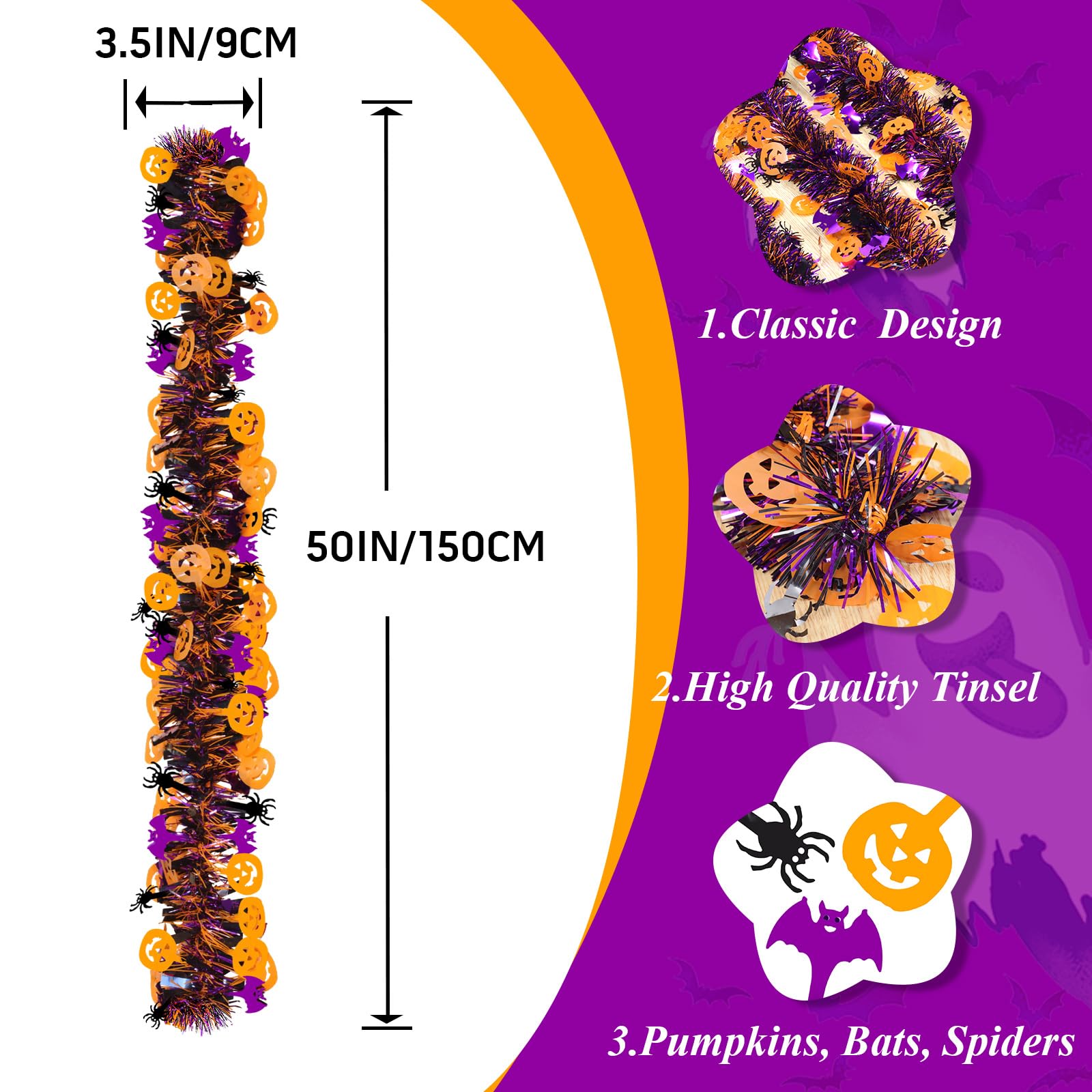 Halloween Garland Decorations,50Ft Glitter Tinsel Pumpkin Bats Spider Garland Decor for Tree Car Golf Cart Parade Float Indoor O